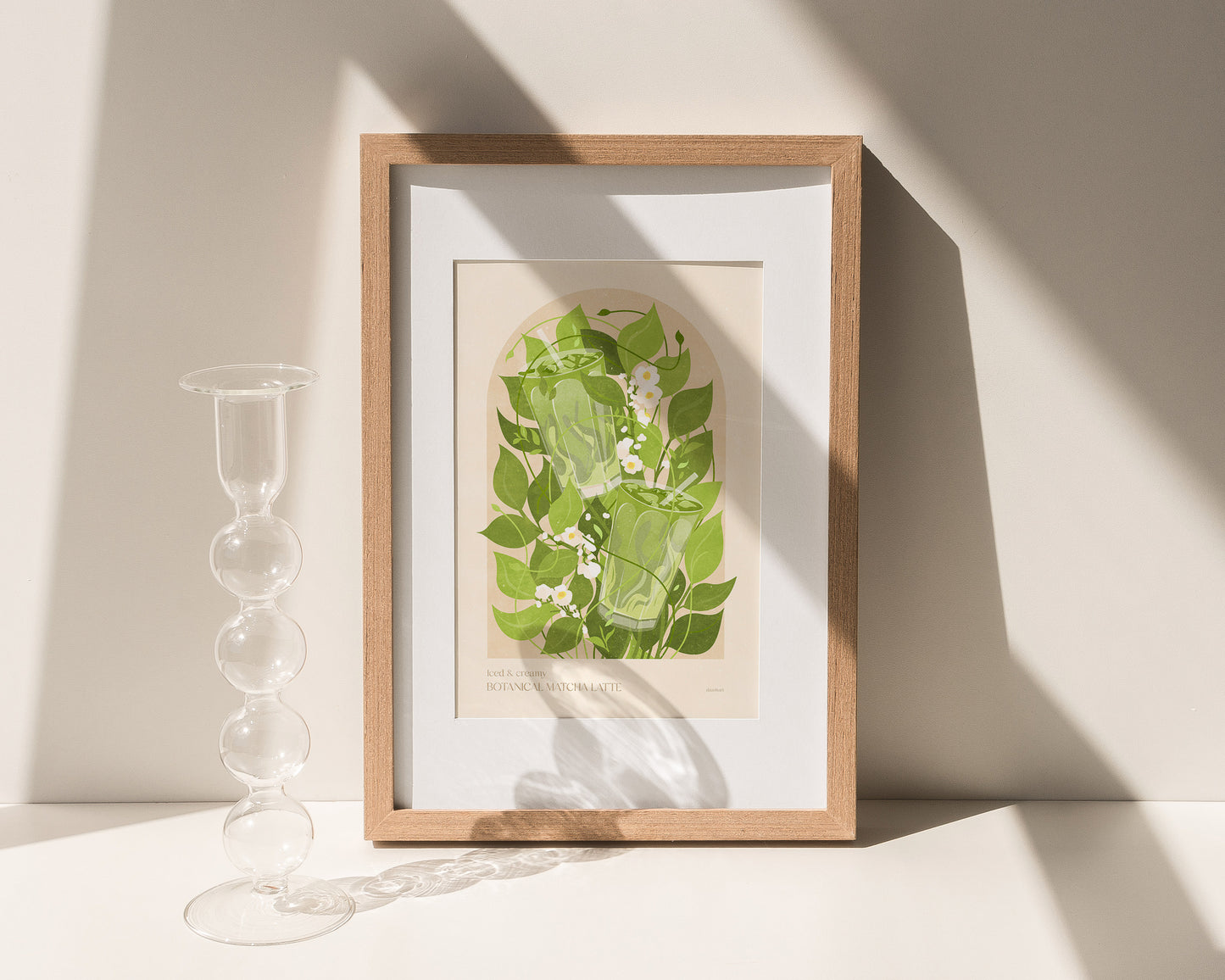 Botanical vintage Green or khaki Iced matcha latte poster Summer wall art for modern kitchen and dining room decor