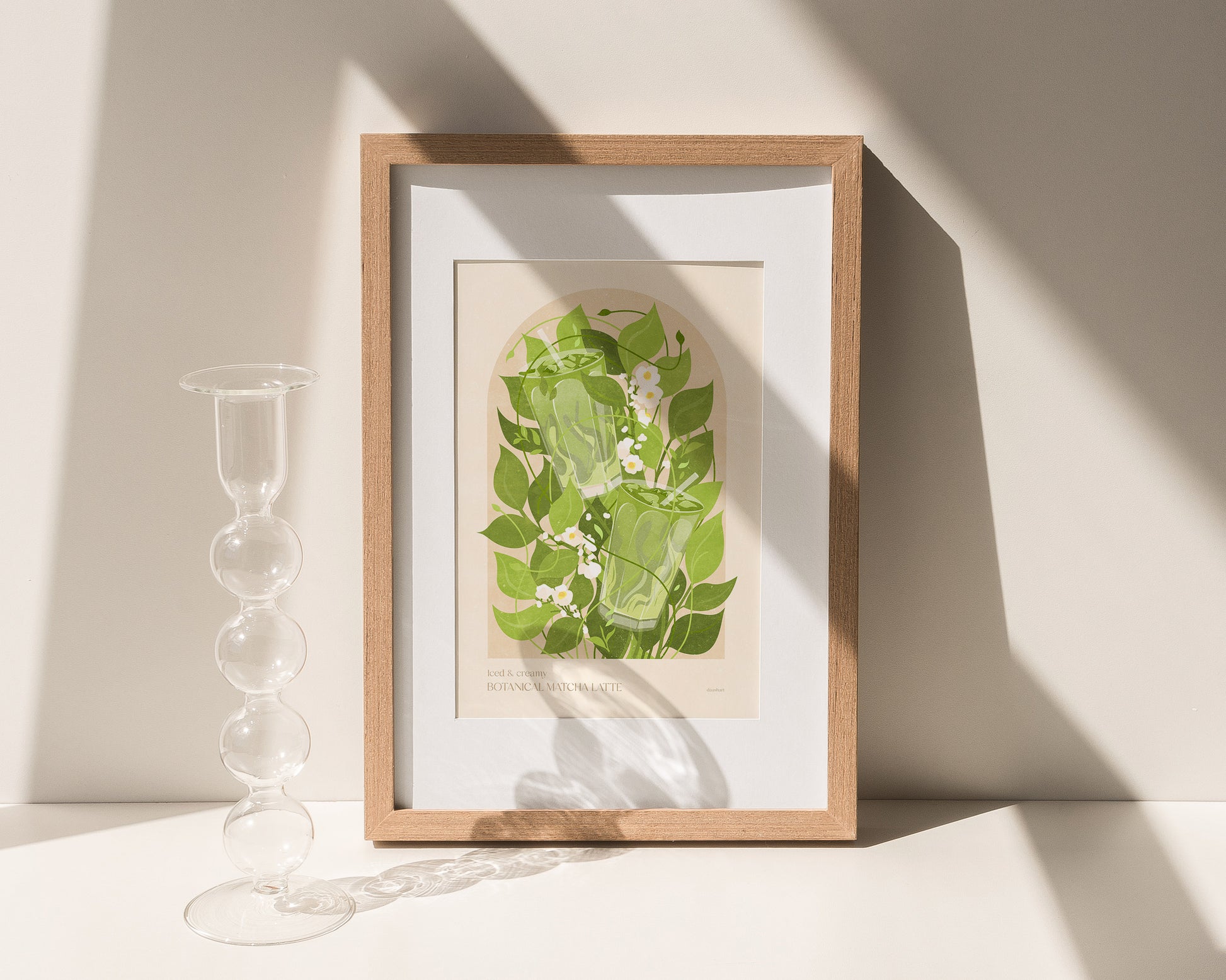 Botanical vintage Green or khaki Iced matcha latte poster Summer wall art for modern kitchen and dining room decor