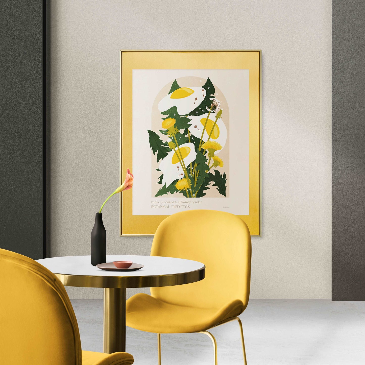 Botanical vintage fried egg Dandelion plants and flower poster for modern kitchen and dining room decor Printable wall art INSTANT DOWNLOAD digital poster