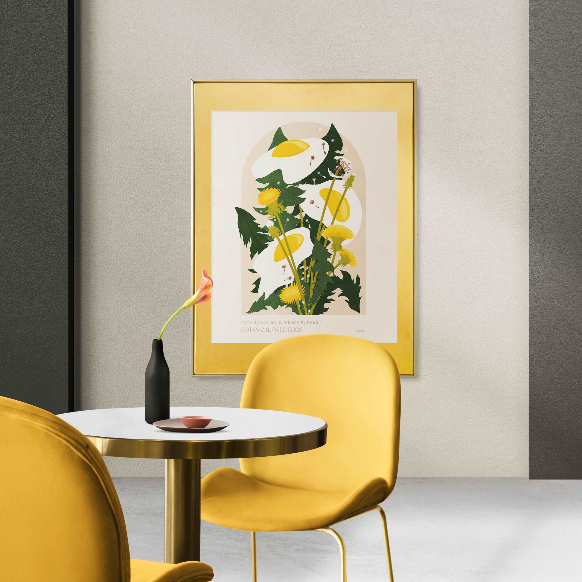 Botanical vintage fried egg Dandelion plants and flower poster for modern kitchen and dining room decor Printable wall art INSTANT DOWNLOAD digital poster