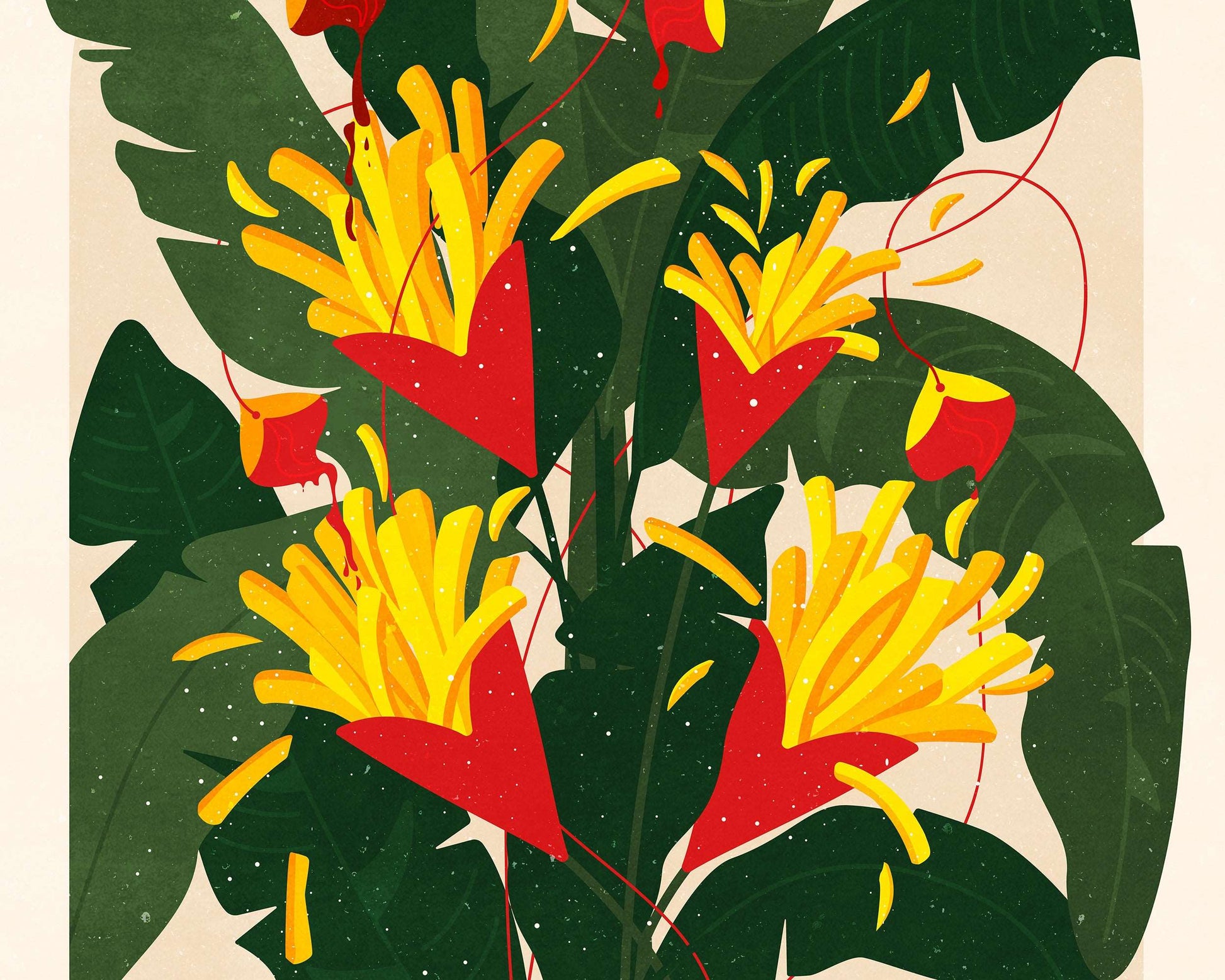 Dark green red and yellow details Botanical vintage french fries poster