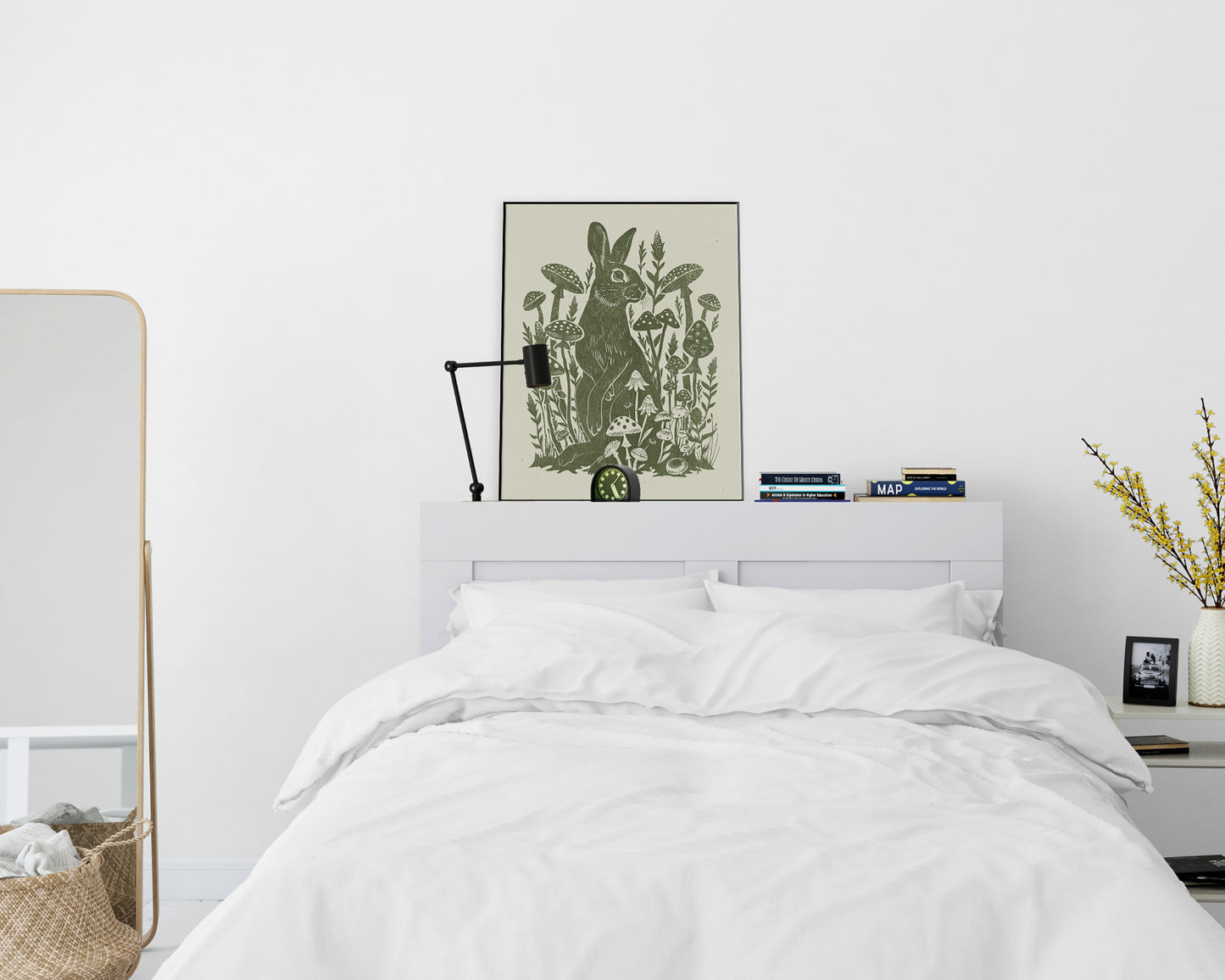 Printable linocut prints Sage green rabbit with mushroom and plant wall art Relief texture Cottagecore decor Digital downloadable poster Instant download Lino linogravure foraged Living room Bedroom Kitchen Farm Farmhouse Dining room wall art decor Wildflowers floral kids Easter home aesthetic