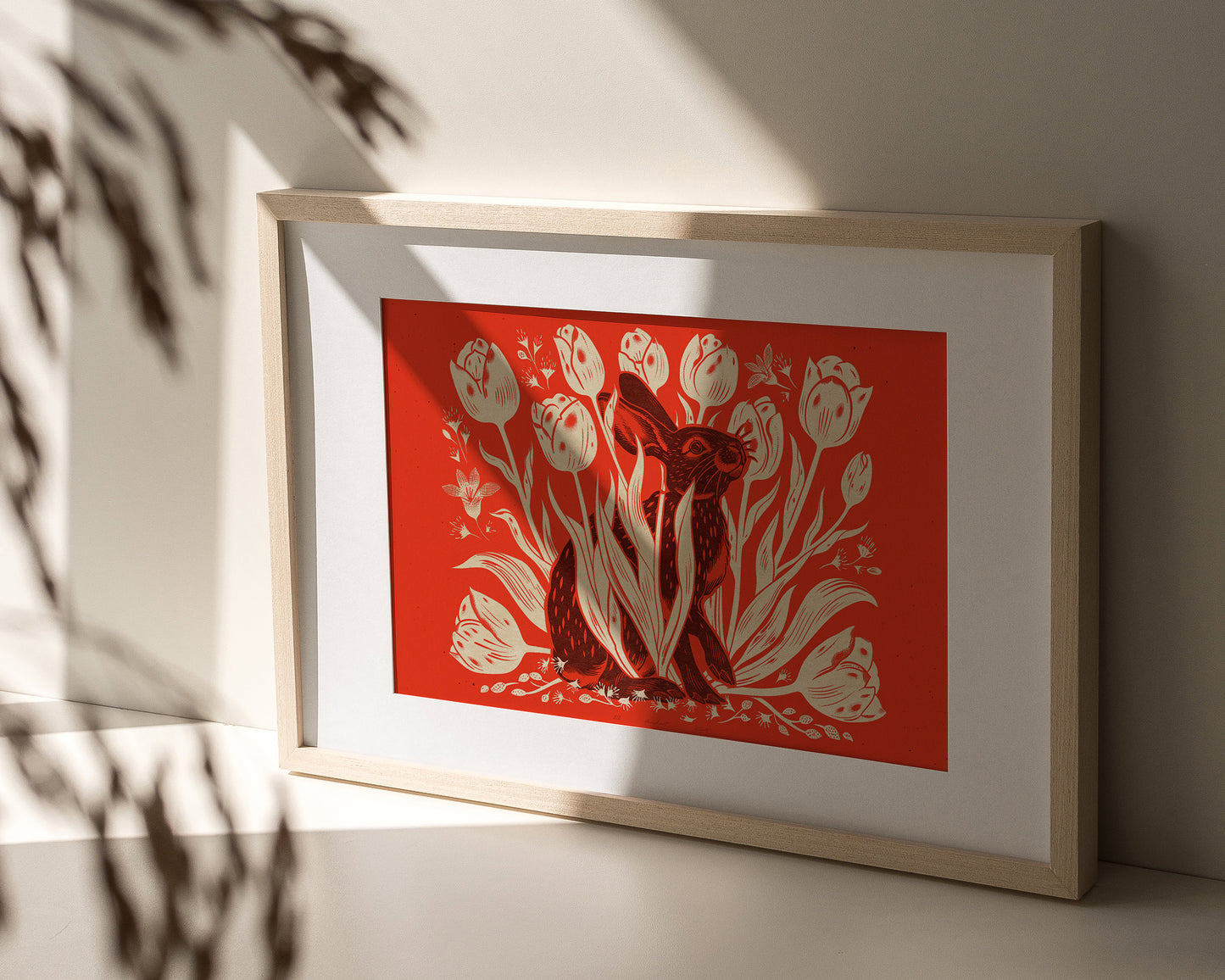 Living room wall art Nature lover gift Printable linocut Cottagecore decor Digital downloadable linogravure lino Bedroom kids rooom House warming gift prints Bunny tulips plant Red brown beige relief texture vintage farm kitchen hare foraged poster