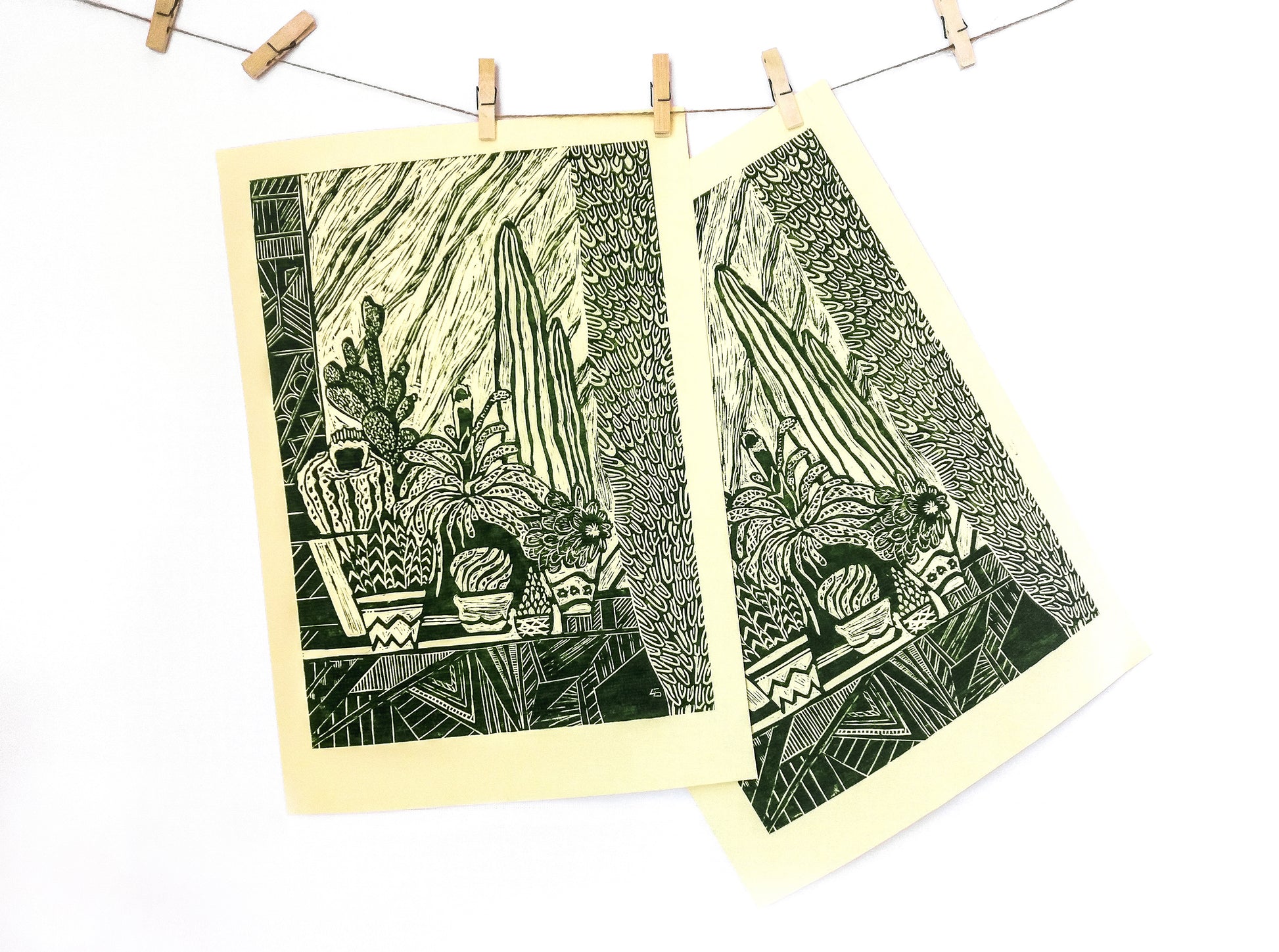 Yellow and green Botanical cactuses illustration Linocut print for Farmhouse gift UNFRAMED, original artwork, relief print, printmaking art, lino print, linogravure, handmade wall art, new home gift, farmhouse decor, housewarming gift, living room wall art, dining room art, farm kitchen art, bedroom wall decor, autumn art, fall wall art, seasonal wall decor, aesthetic wall art, cottagecore wall art, foraged wall decor, Illustration print, cactus