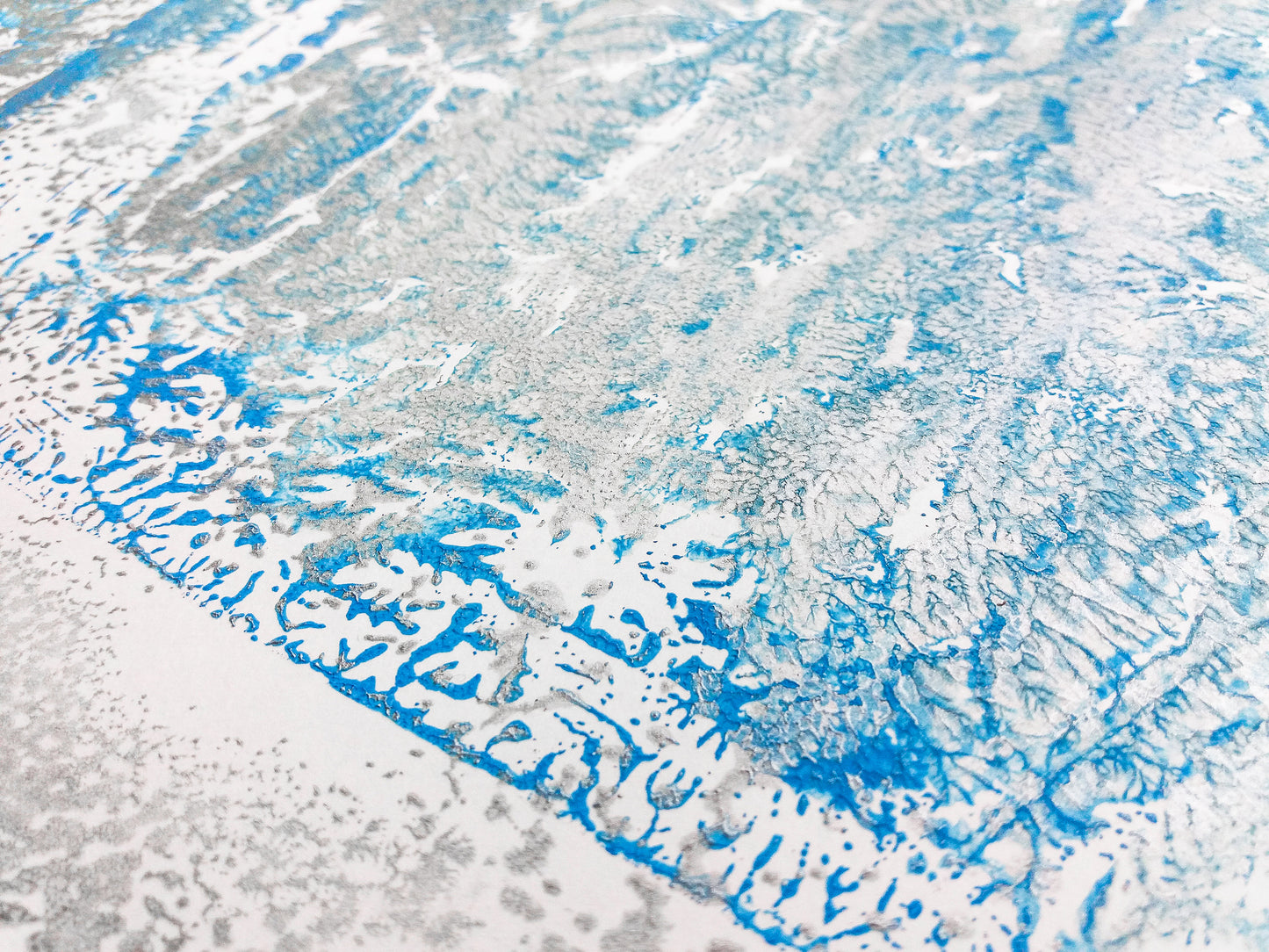 Details Silver and blue abstract cityscape relief Monotype print №5 / printmaking