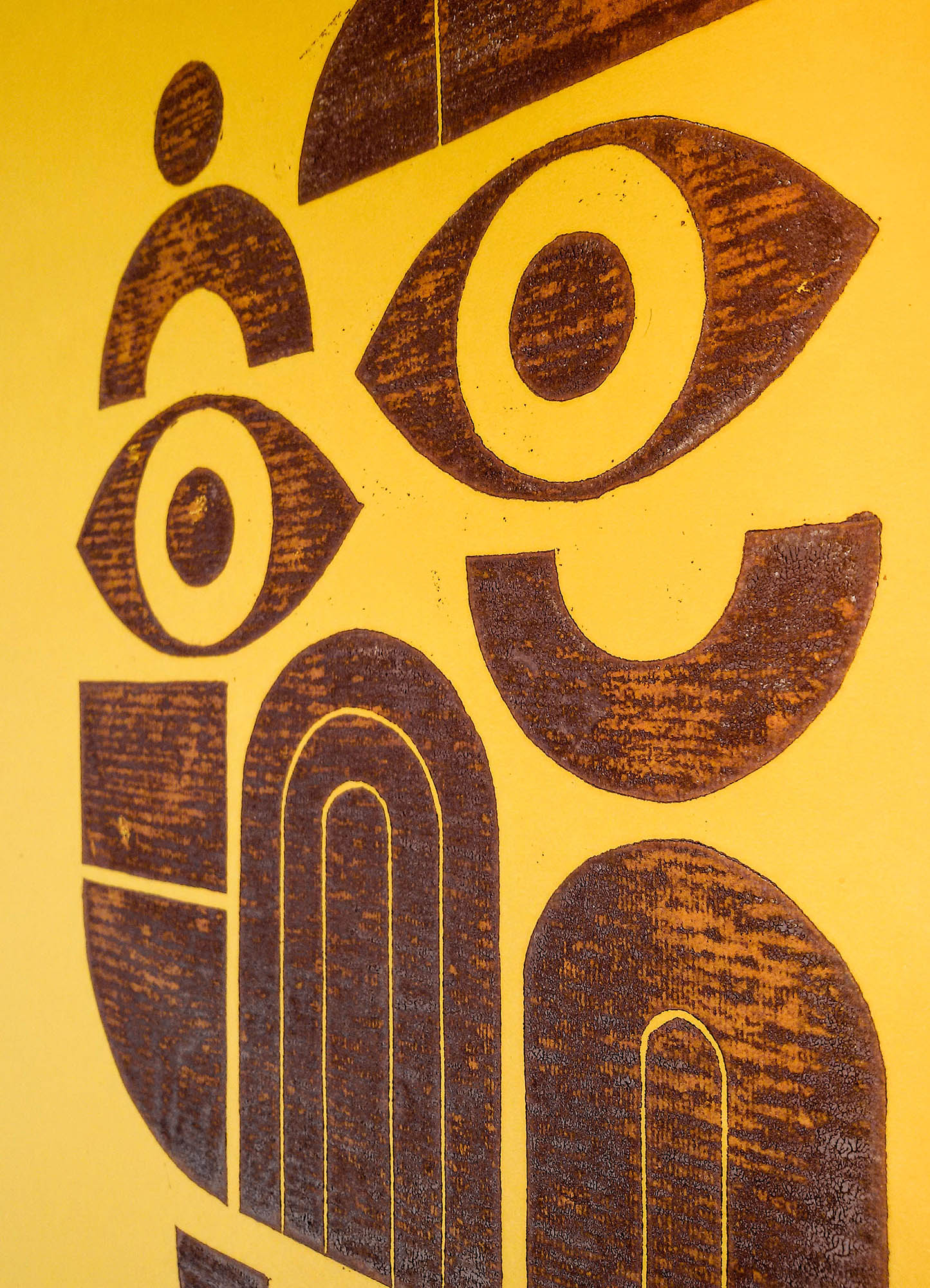 Yellow and brown abstract bauhaus face art Linocut print 12x16in for New home gift UNFRAMED / original artwork, relief print, printmaking art, lino print, linogravure, handmade wall art, new home gift, farmhouse decor, houswarming gift, living room wall art, dining room art, farm kitchen art, bedroom wall decor, autumn art, fall wall art, seasonal wall decor, aesthetic wall art, minimalist wall art, simple artwork