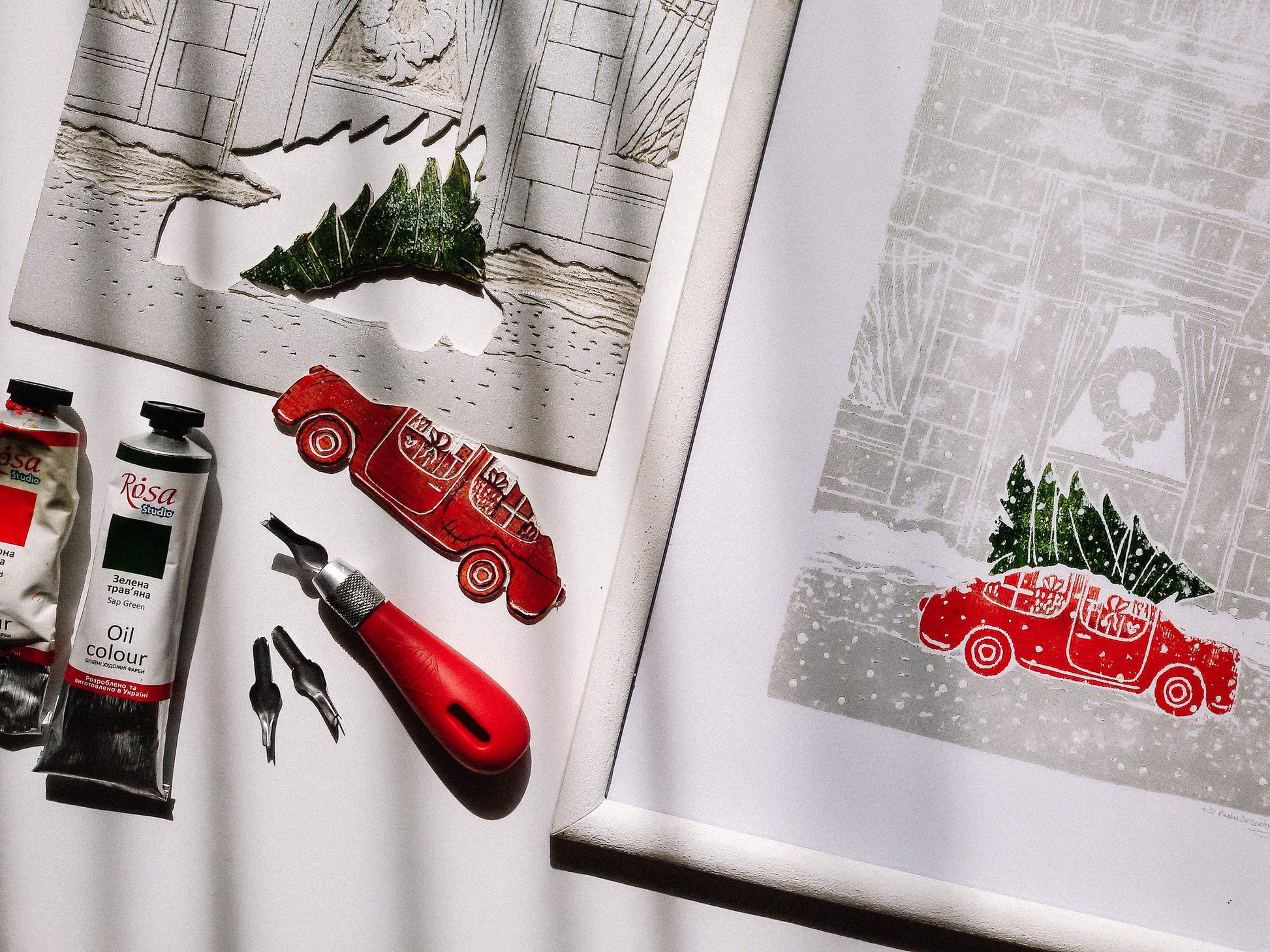 Linocut print Christmas tree and red retro car Winter city wall art 12x16 Holiday winter wall art Noel decoration UNFRAMED, Noel decoration, Linogravure, Lino print, Printmaking art, Illustration print, original artwork, handmade modern red retro car decor, living room or bedroom wall decor
