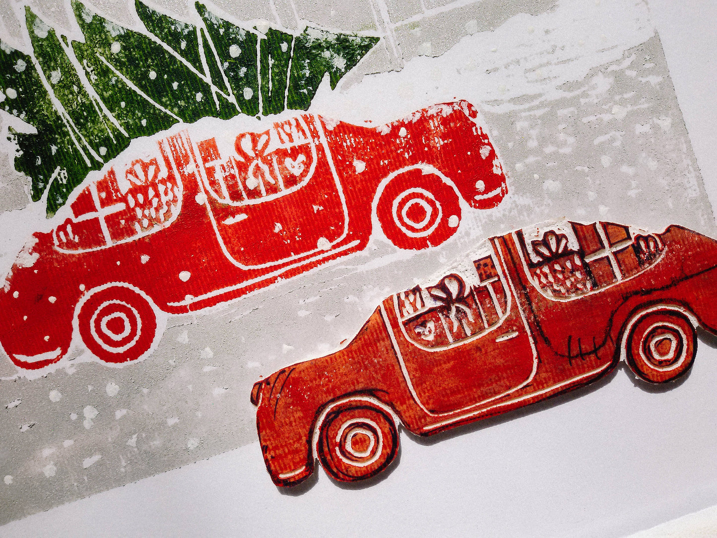 Linocut print Christmas tree and red retro car Winter city wall art 12x16 Holiday winter wall art Noel decoration UNFRAMED, Noel decoration, Linogravure, Lino print, Printmaking art, Illustration print, original artwork, handmade modern red retro car decor, living room or bedroom wall decor