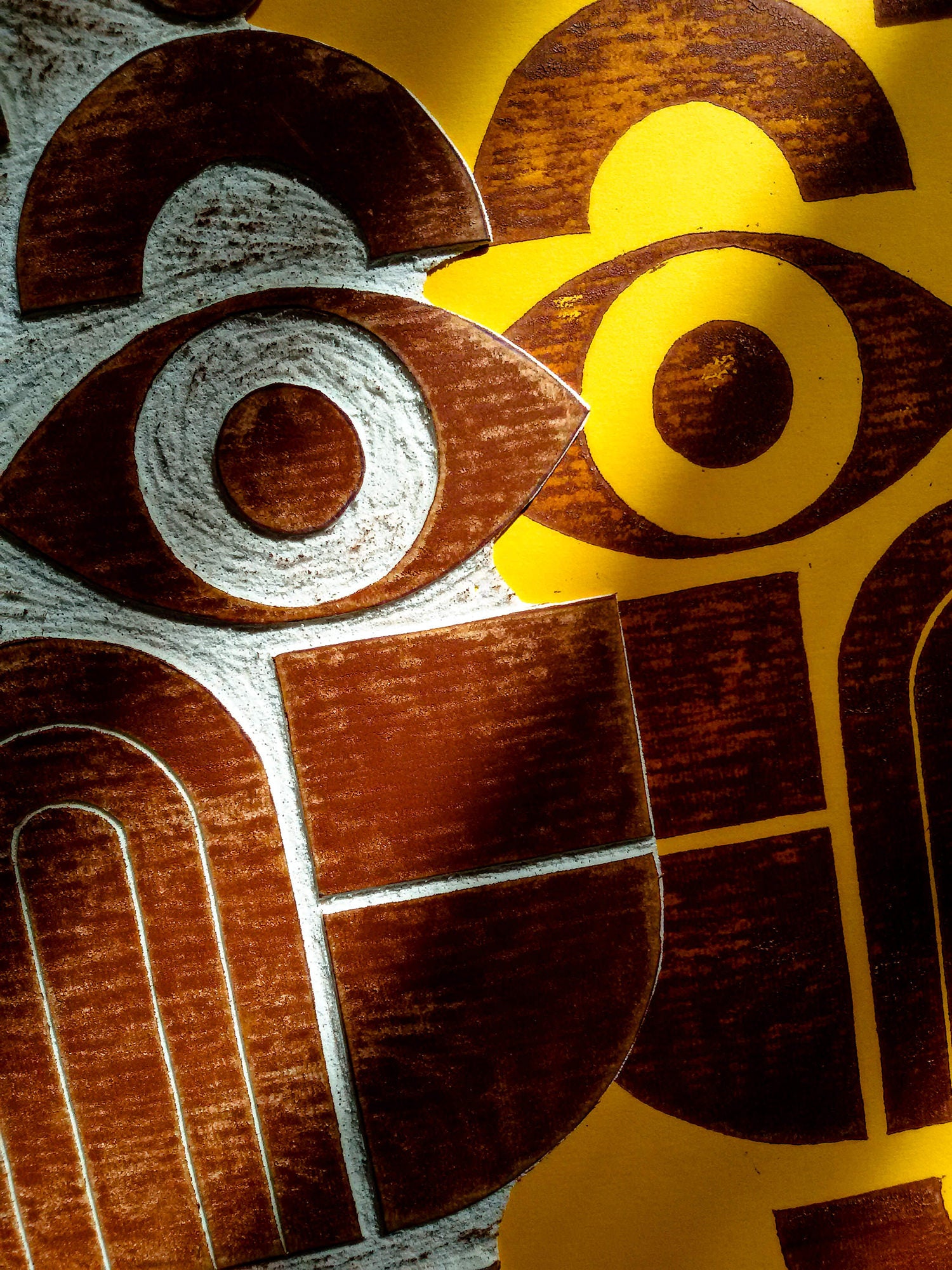 Yellow and brown abstract bauhaus face art Linocut print 12x16in for New home gift UNFRAMED / original artwork, relief print, printmaking art, lino print, linogravure, handmade wall art, new home gift, farmhouse decor, houswarming gift, living room wall art, dining room art, farm kitchen art, bedroom wall decor, autumn art, fall wall art, seasonal wall decor, aesthetic wall art, minimalist wall art, simple artwork