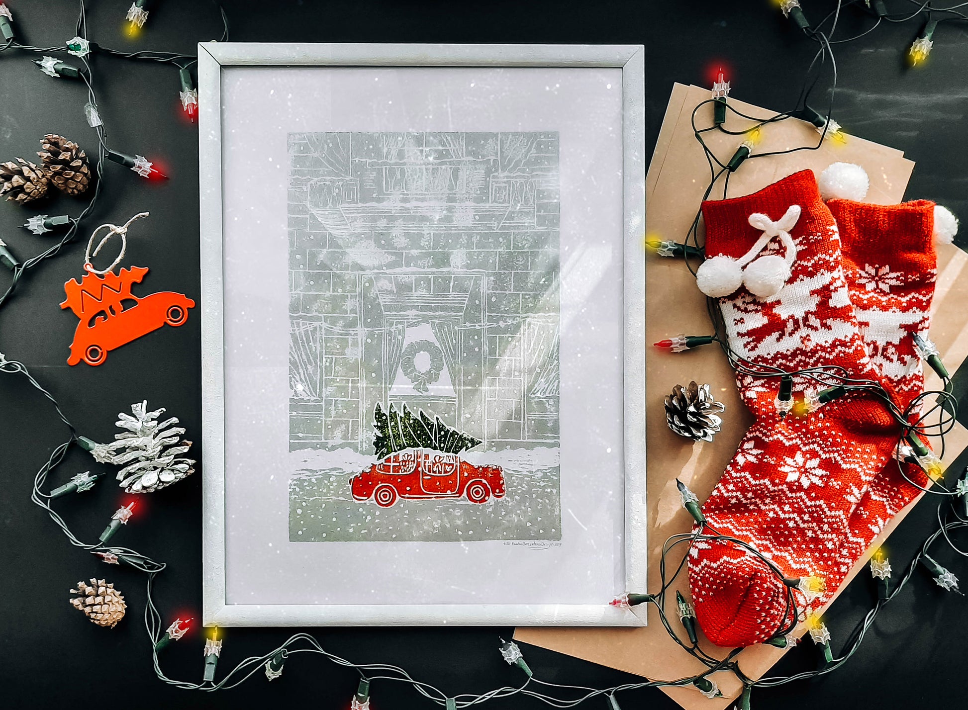 Linocut print Christmas tree and red retro car Winter city wall art 12x16 Holiday winter wall art Noel decoration UNFRAMED, Noel decoration, Linogravure, Lino print, Printmaking art, Illustration print, original artwork, handmade modern red retro car decor, living room or bedroom wall decor