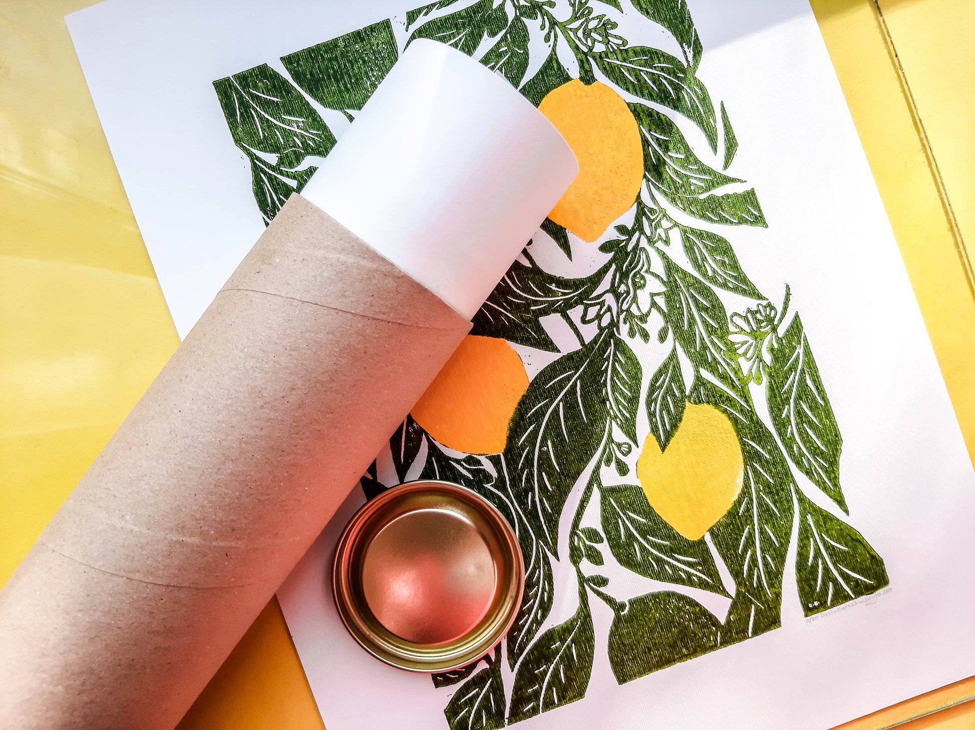 Original linocut print artwork Lemon print Botanical illustration Fruit kitchen wall art and decor Delivery tube