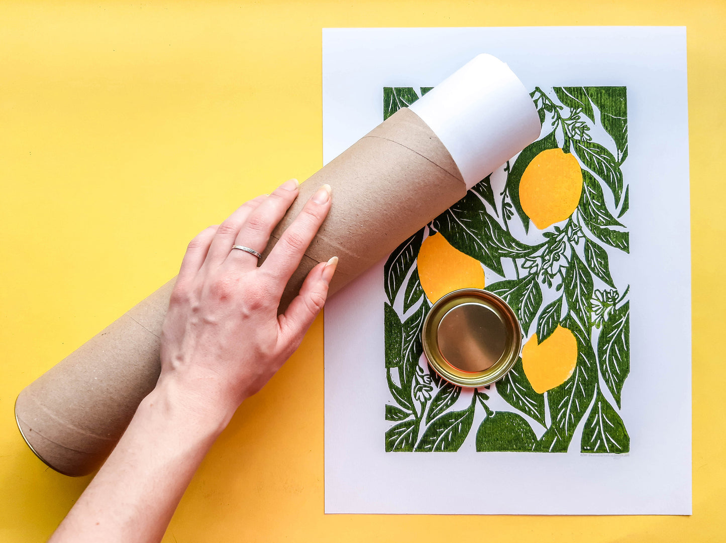 Original linocut print artwork Lemon print Botanical illustration Fruit kitchen wall art and decor Delivery tube