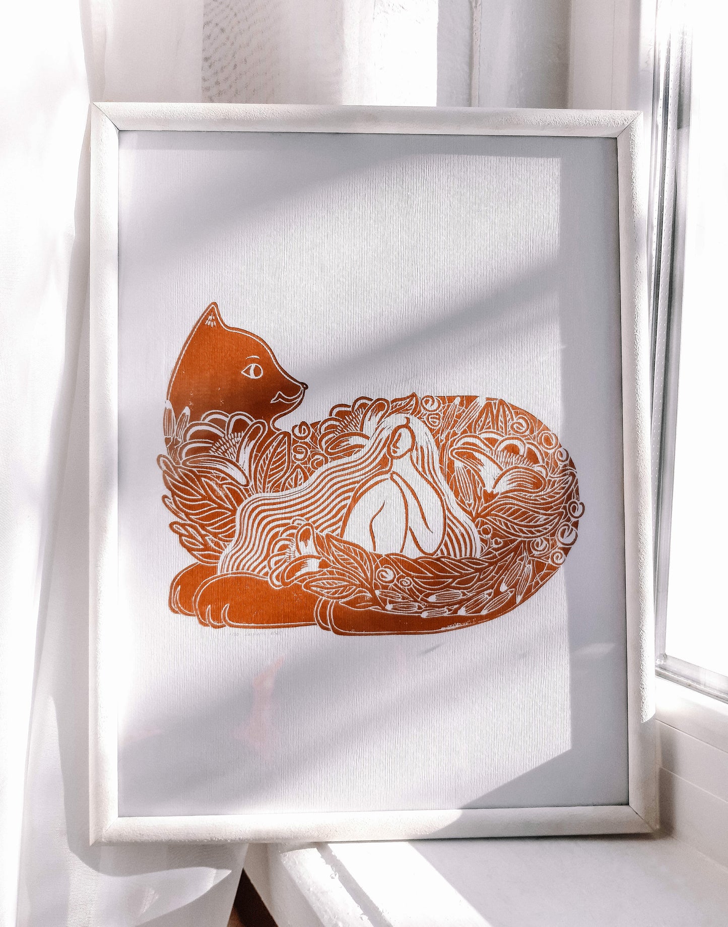 Linocut print Original artwork Linogravure lino Nursery game room Spring wall art Terracotta cute cat female botanical bedroom decor Floral Baby shower gift flowers Kids animal relief printmaking Linoleum block New first home farm