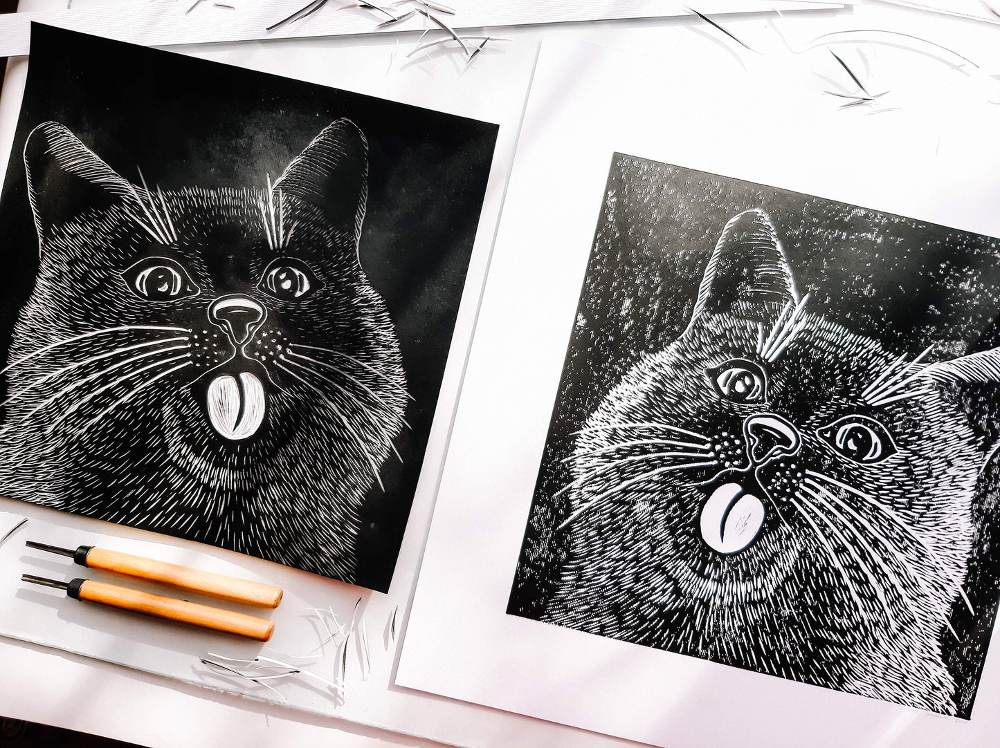 Housewarming gift	Bedroom wall decor	Living room wall art	Linocut print	Original artwork	For pet lovers gift	Linogravure lino	Black relief block	funny portrait cat	printmaking art	Kids room happy	Bestfriend gift	Modern animal spring