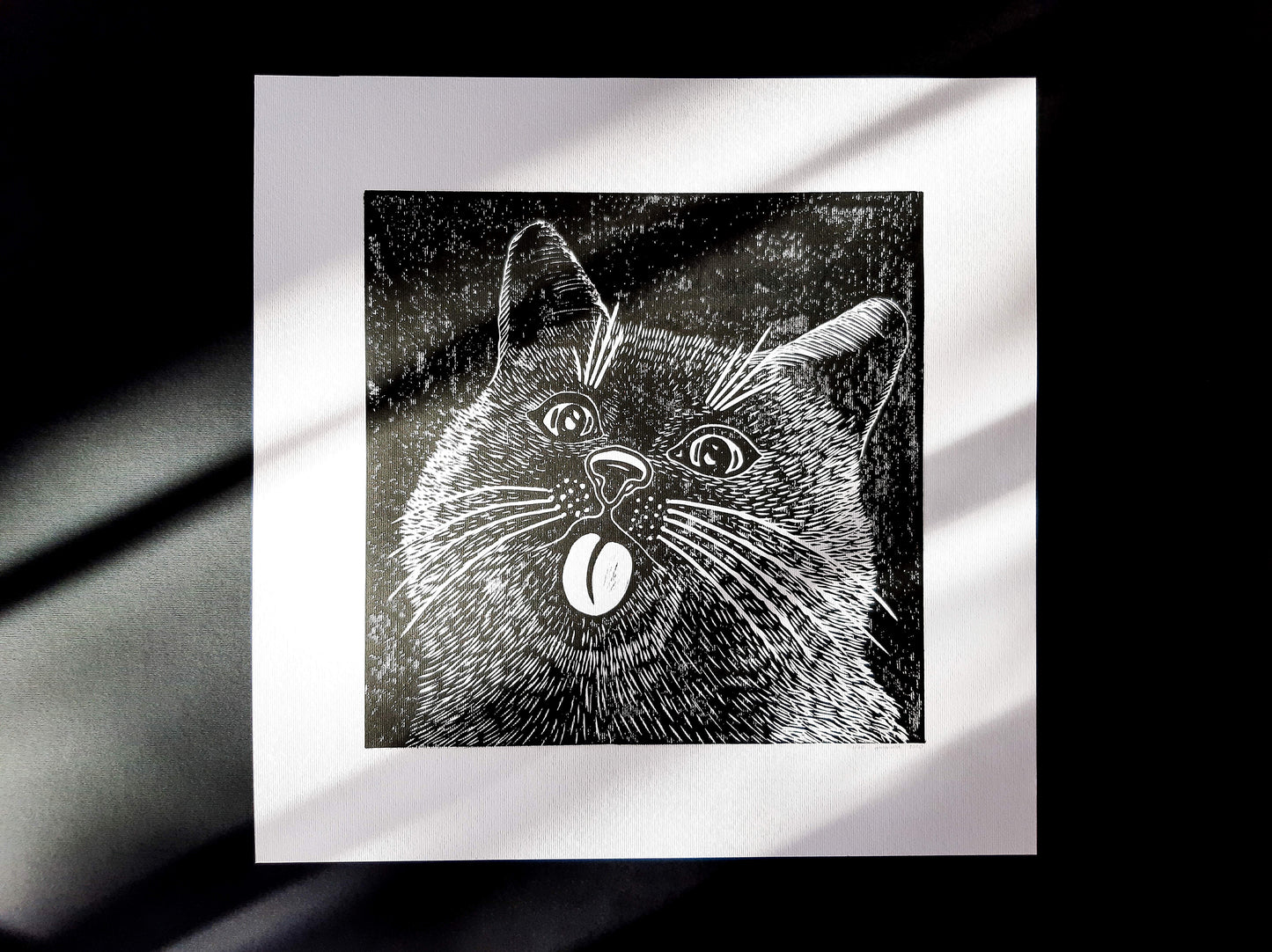 Housewarming gift	Bedroom wall decor	Living room wall art	Linocut print	Original artwork	For pet lovers gift	Linogravure lino	Black relief block	funny portrait cat	printmaking art	Kids room happy	Bestfriend gift	Modern animal spring