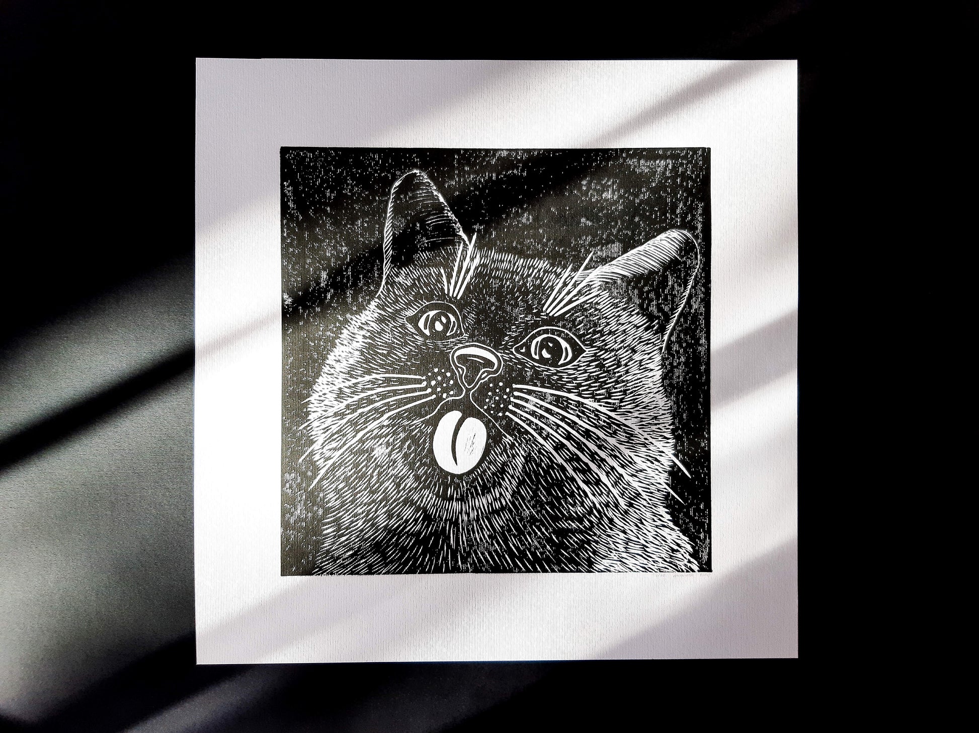 Housewarming gift	Bedroom wall decor	Living room wall art	Linocut print	Original artwork	For pet lovers gift	Linogravure lino	Black relief block	funny portrait cat	printmaking art	Kids room happy	Bestfriend gift	Modern animal spring