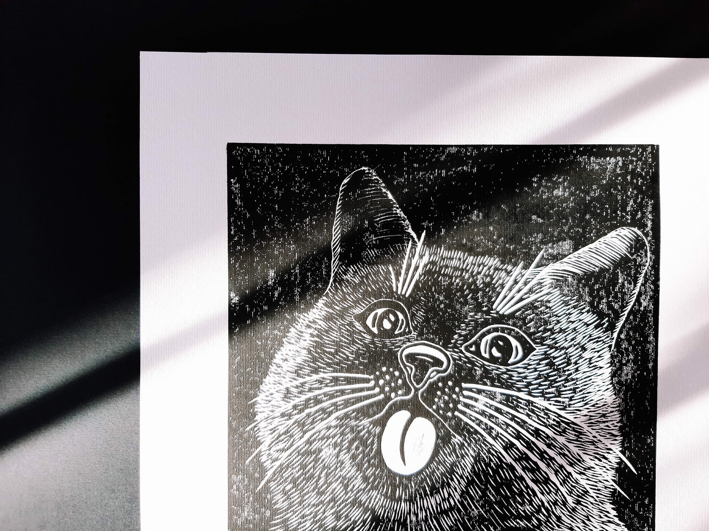 Housewarming gift	Bedroom wall decor	Living room wall art	Linocut print	Original artwork	For pet lovers gift	Linogravure lino	Black relief block	funny portrait cat	printmaking art	Kids room happy	Bestfriend gift	Modern animal spring