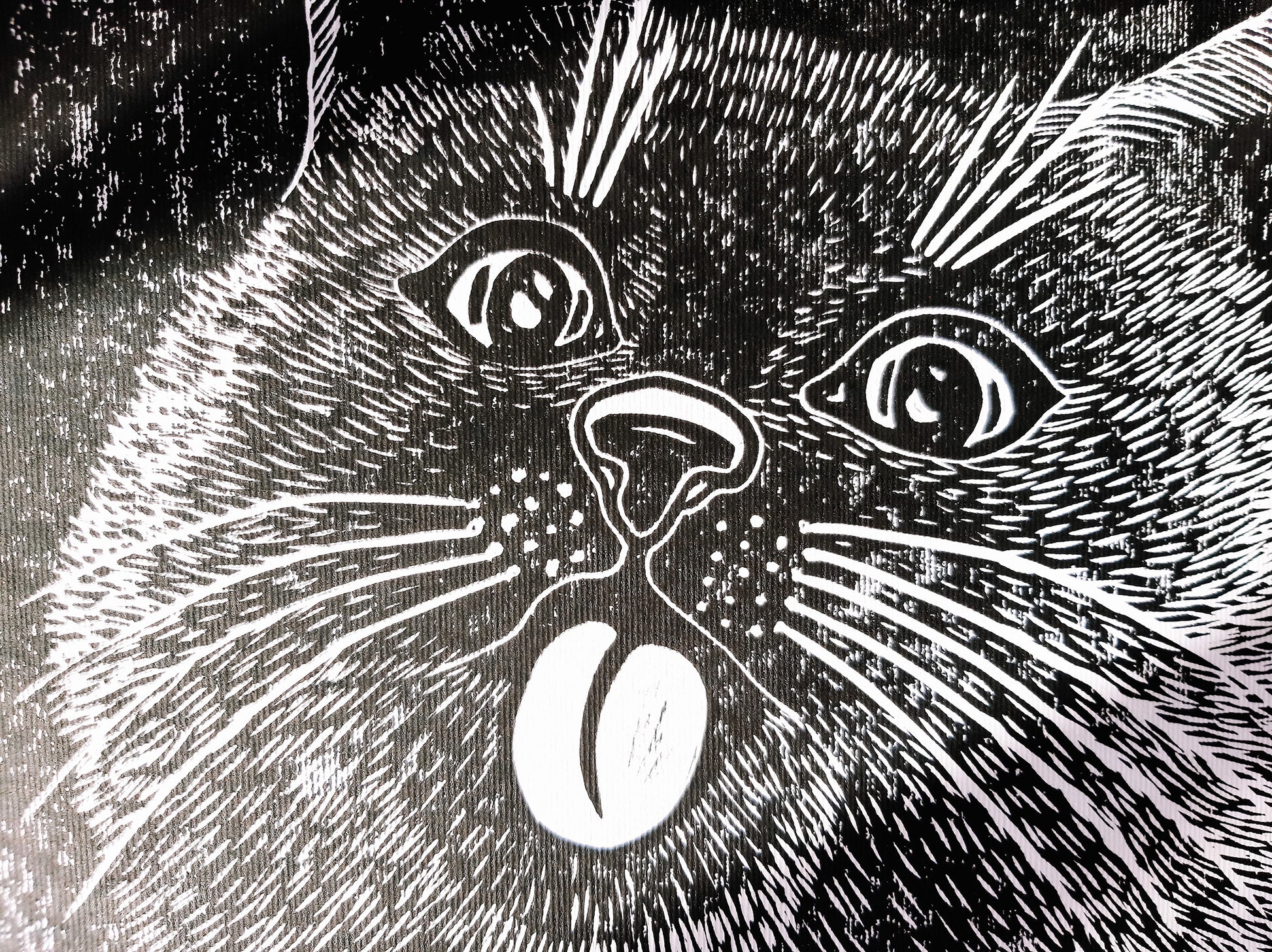 Housewarming gift	Bedroom wall decor	Living room wall art	Linocut print	Original artwork	For pet lovers gift	Linogravure lino	Black relief block	funny portrait cat	printmaking art	Kids room happy	Bestfriend gift	Modern animal spring