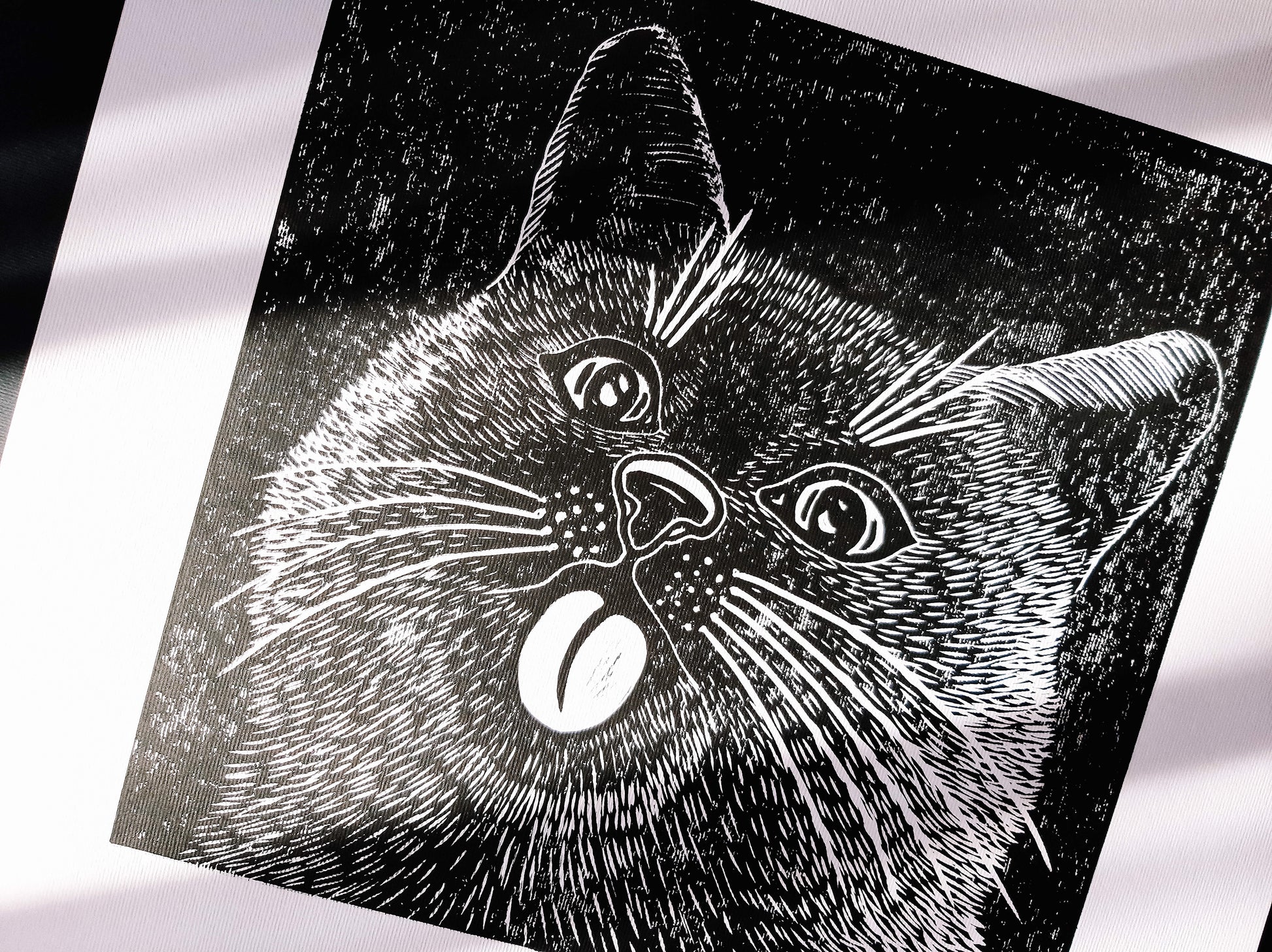 Housewarming gift	Bedroom wall decor	Living room wall art	Linocut print	Original artwork	For pet lovers gift	Linogravure lino	Black relief block	funny portrait cat	printmaking art	Kids room happy	Bestfriend gift	Modern animal spring