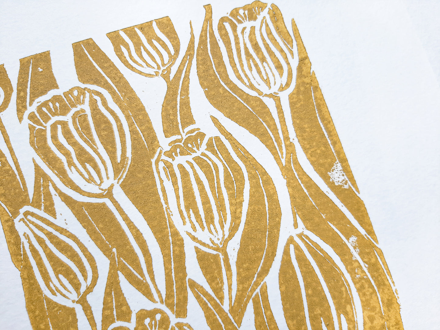 Details ochre tulips relief linocut print / lino print / linogravure