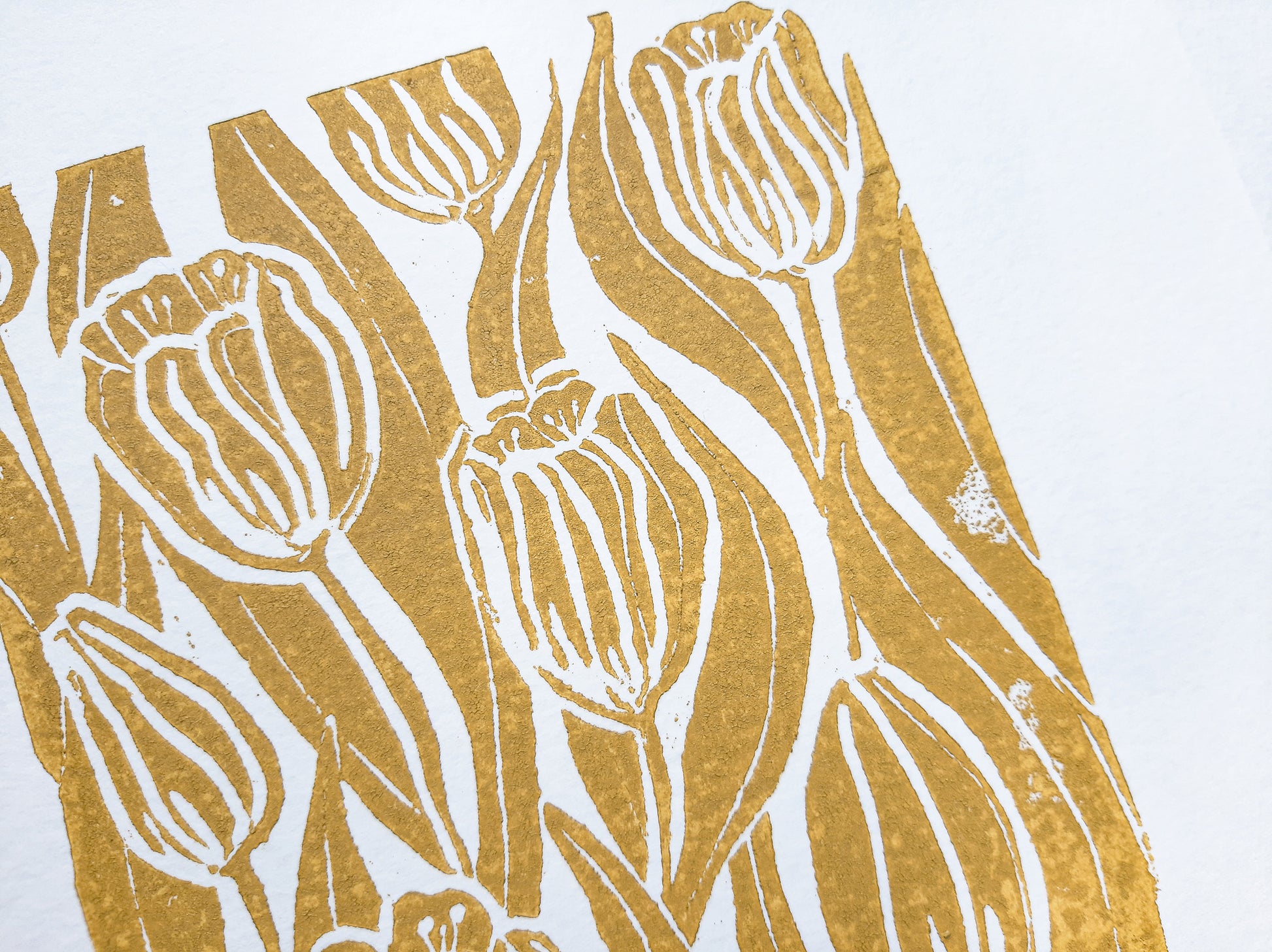 Details ochre tulips relief linocut print / lino print / linogravure