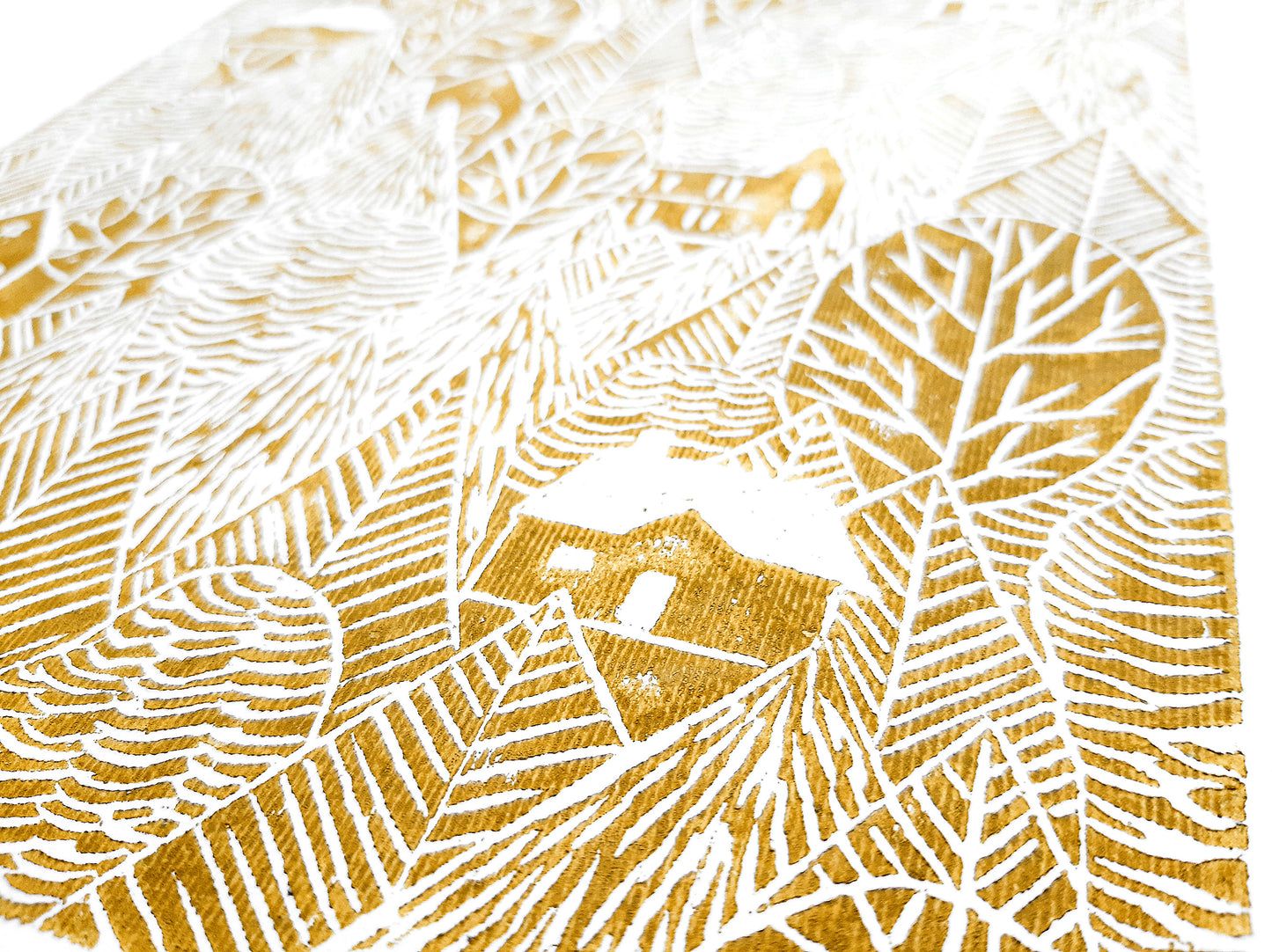 Ochre autumn forest with houses Linocut print 12x16in for Nature lover gift UNFRAMED / printmaking art, original artwork, lino print, linogravure, block print, relief print, handmade art, bedroom wall art, living room decor, nursery wall art