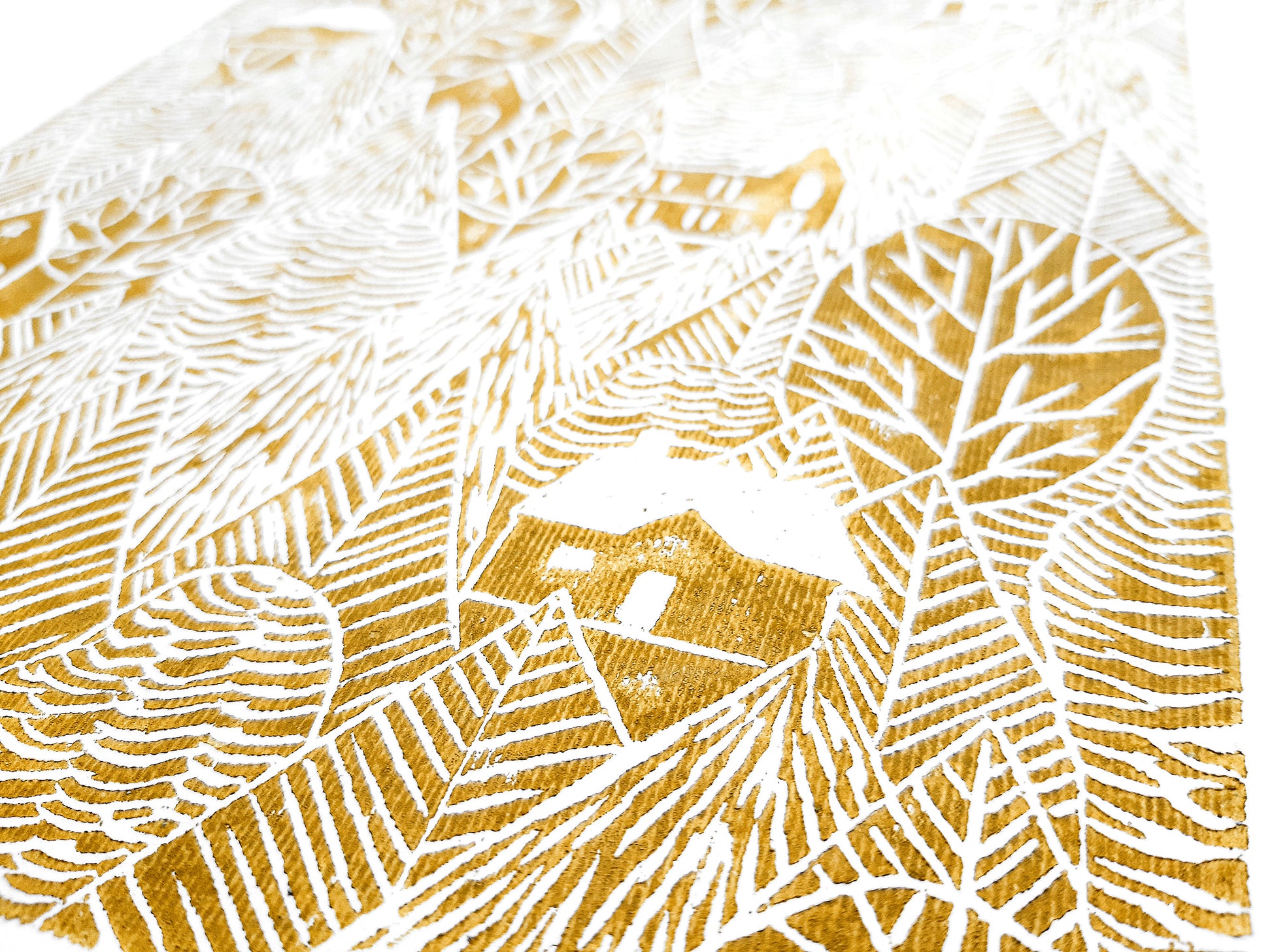 Ochre autumn forest with houses Linocut print 12x16in for Nature lover gift UNFRAMED / printmaking art, original artwork, lino print, linogravure, block print, relief print, handmade art, bedroom wall art, living room decor, nursery wall art