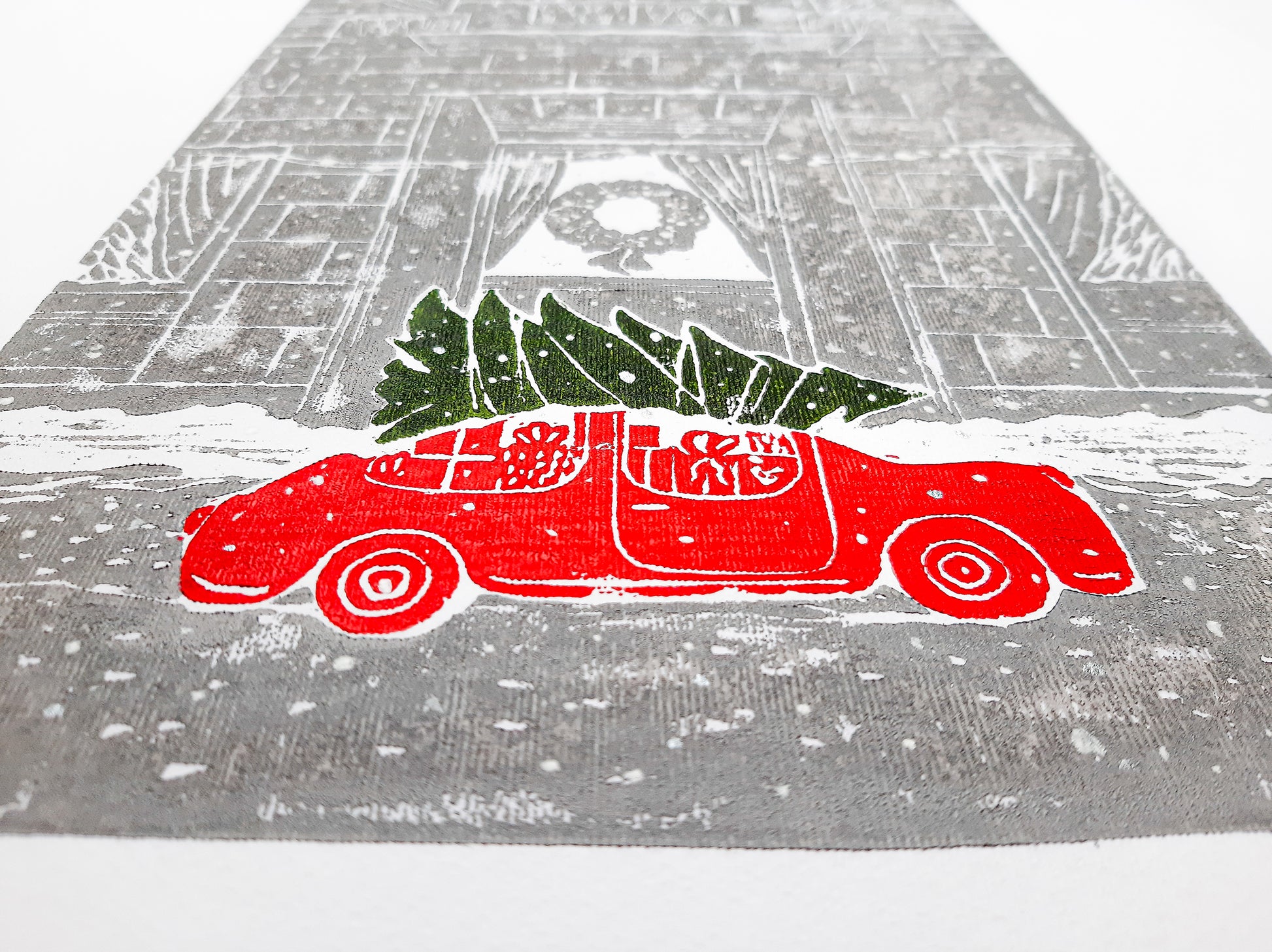 Linocut print Christmas tree and red retro car Winter city wall art 12x16 Holiday winter wall art Noel decoration UNFRAMED, Noel decoration, Linogravure, Lino print, Printmaking art, Illustration print, original artwork, handmade modern red retro car decor, living room or bedroom wall decor