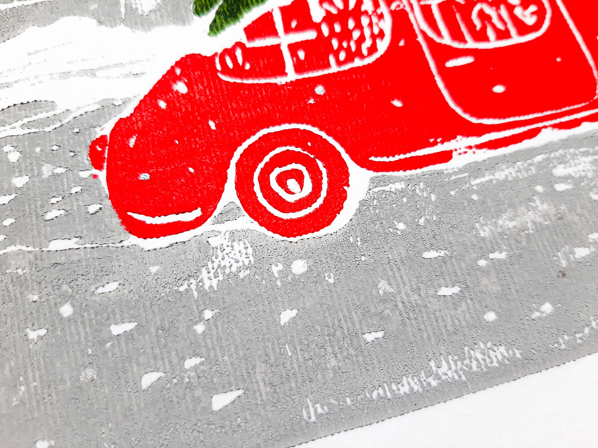Linocut print Christmas tree and red retro car Winter city wall art 12x16 Holiday winter wall art Noel decoration UNFRAMED, Noel decoration, Linogravure, Lino print, Printmaking art, Illustration print, original artwork, handmade modern red retro car decor, living room or bedroom wall decor