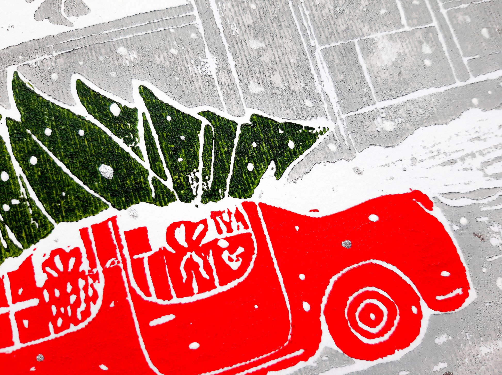 Linocut print Christmas tree and red retro car Winter city wall art 12x16 Holiday winter wall art Noel decoration UNFRAMED, Noel decoration, Linogravure, Lino print, Printmaking art, Illustration print, original artwork, handmade modern red retro car decor, living room or bedroom wall decor