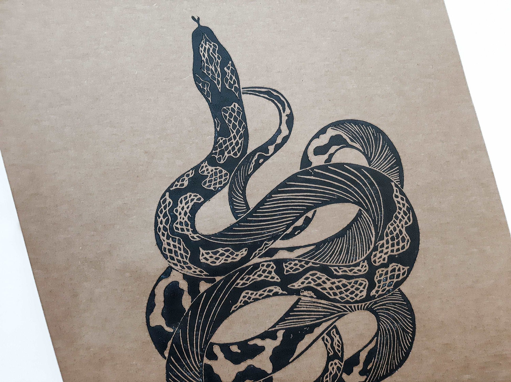 Boho black or white antique snake Linocut print for New home gift UNFRAMED Housewarming gift New home gift Living room bedroom decor 16x12 Original artwork Classical wall decor