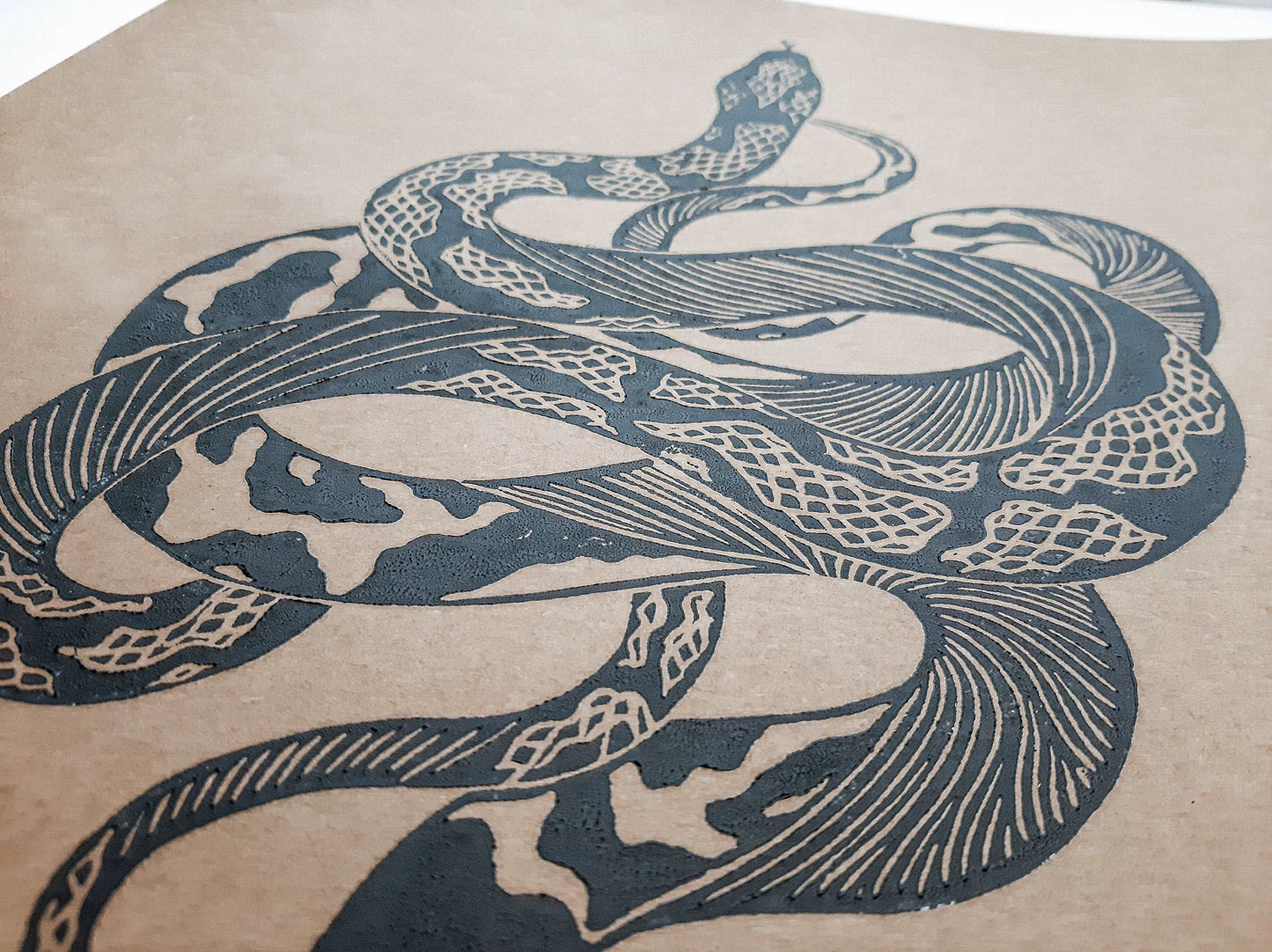 Black relief boho snake linocut print / lino print / linogravure