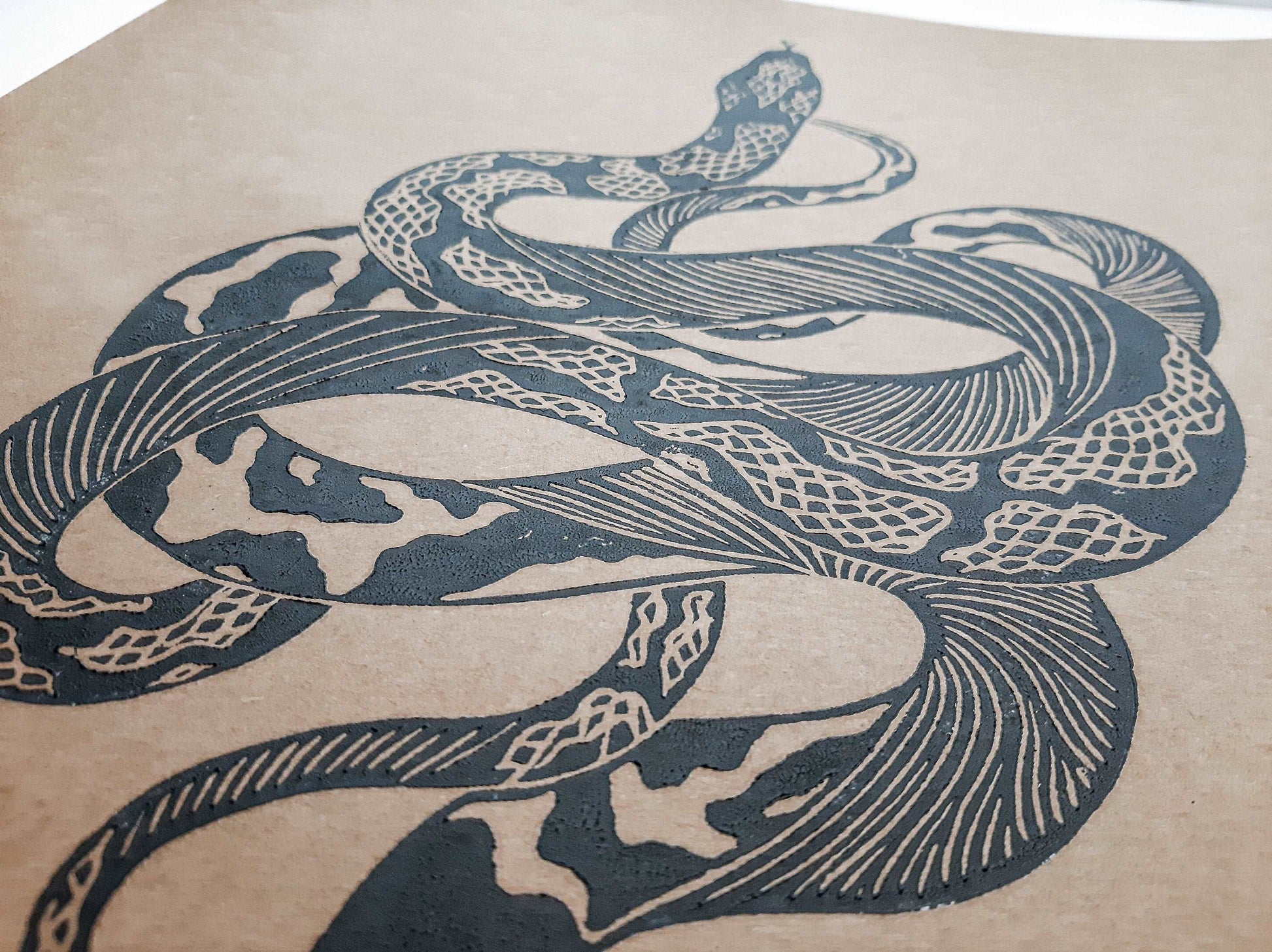 Black relief boho snake linocut print / lino print / linogravure