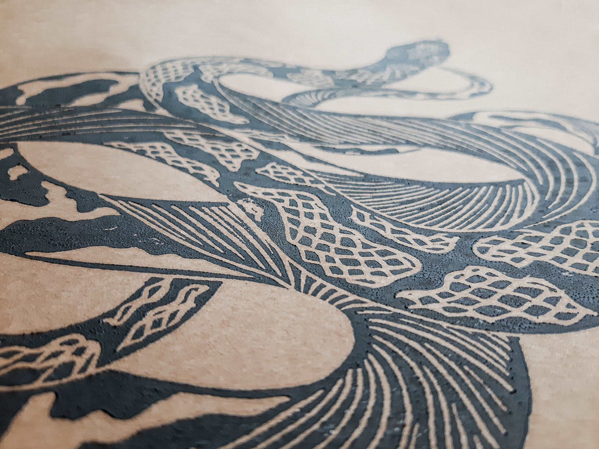 Black relief boho snake linocut print / lino print / linogravure