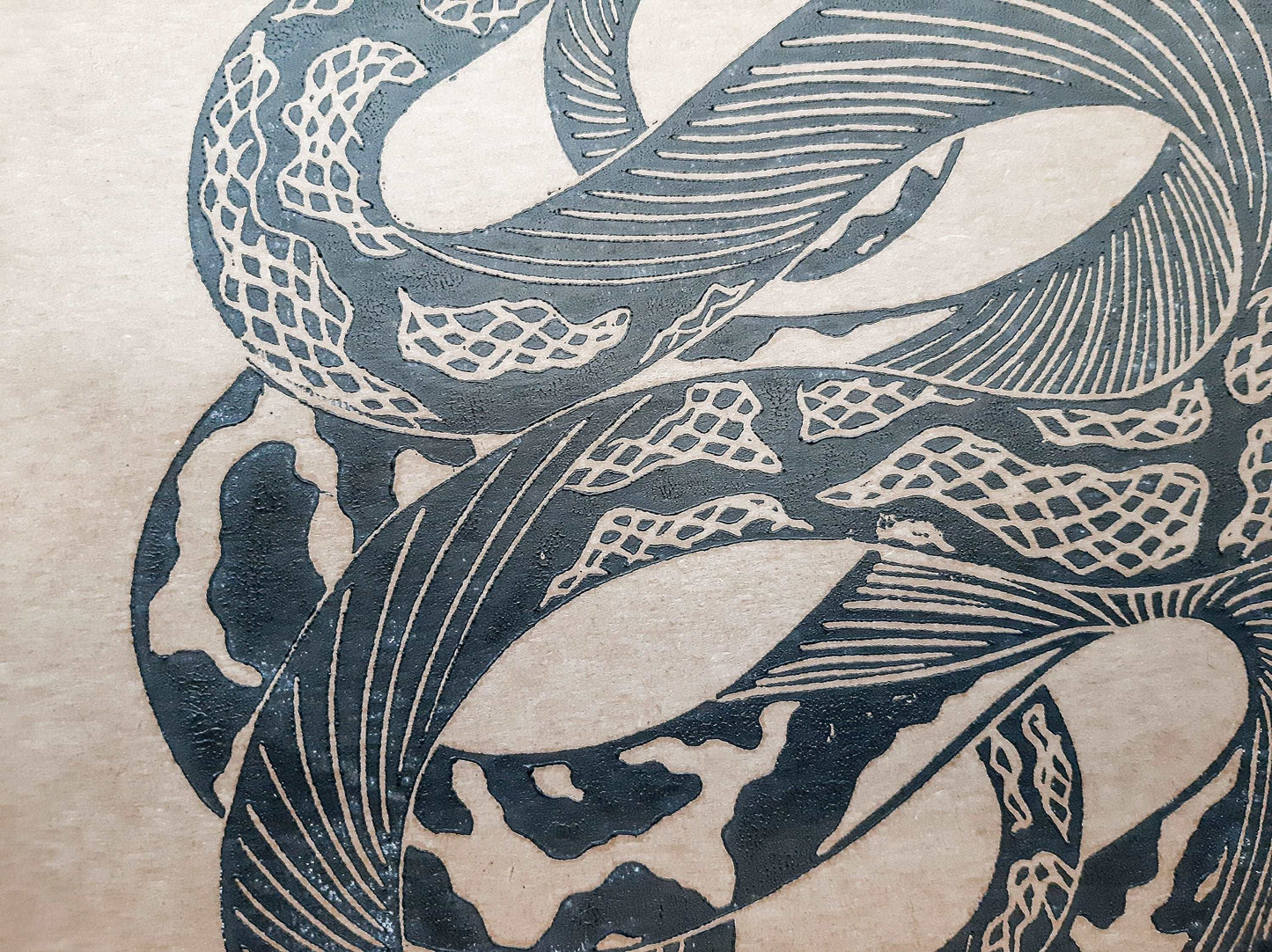 Black relief boho snake linocut print / lino print / linogravure