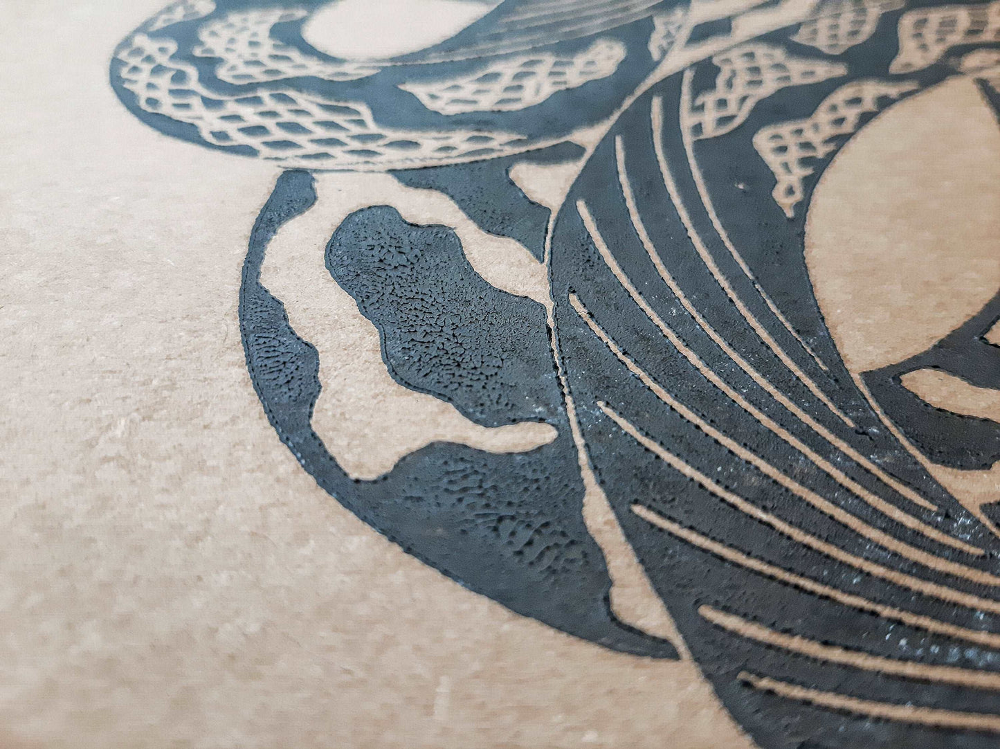 Black relief boho snake linocut print / lino print / linogravure