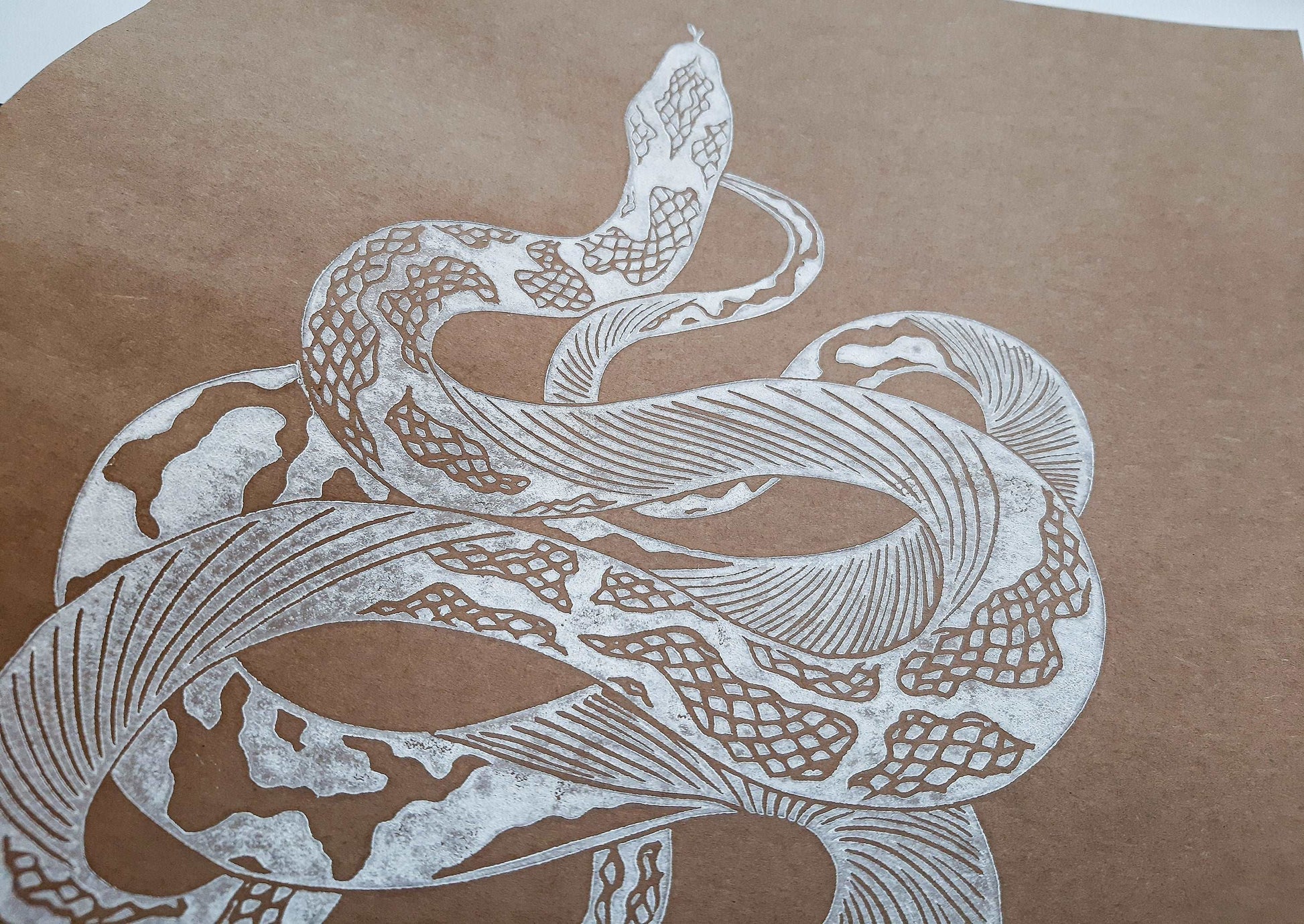 Boho white antique snake Linocut print for New home gift UNFRAMED Housewarming gift New home gift Living room bedroom decor 16x12 Original artwork Classical wall decor