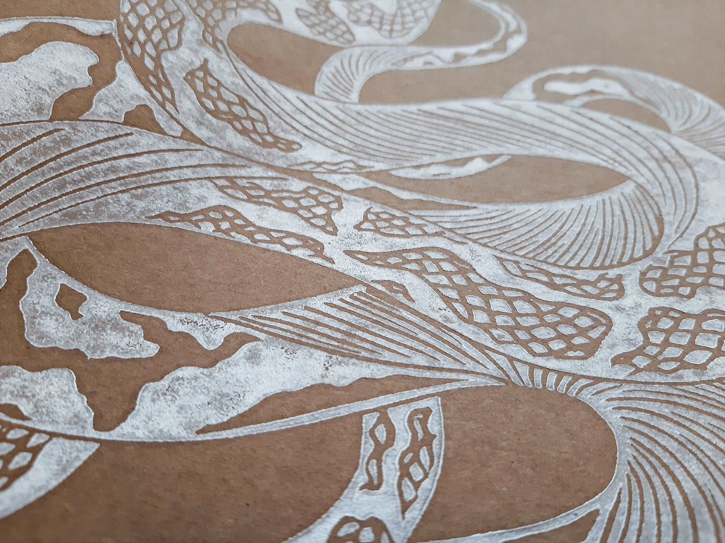 White relief boho snake linocut print / lino print / linogravure