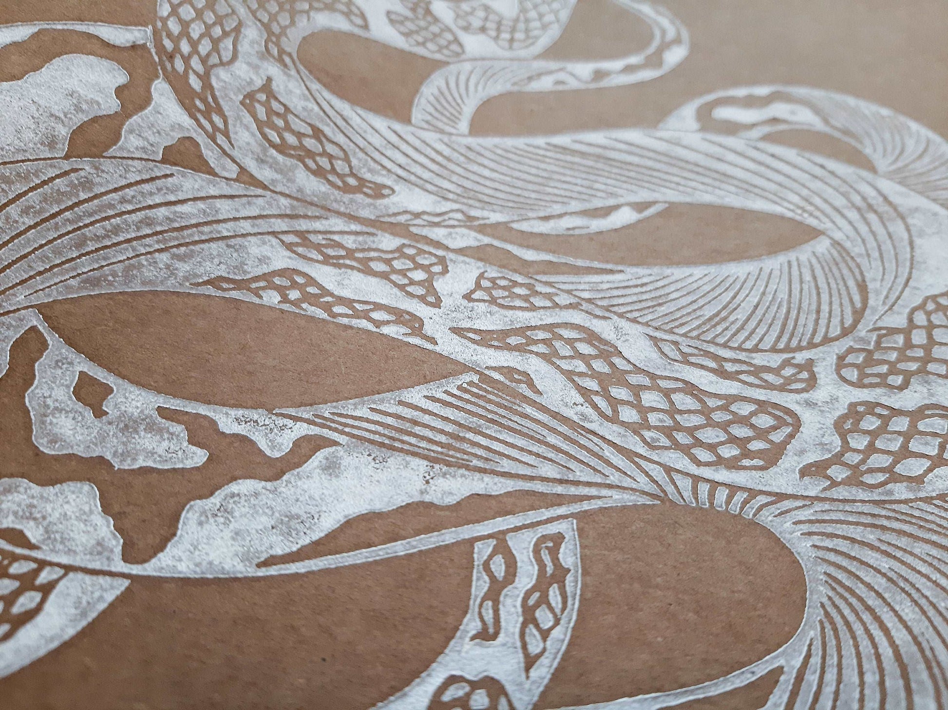 White relief boho snake linocut print / lino print / linogravure