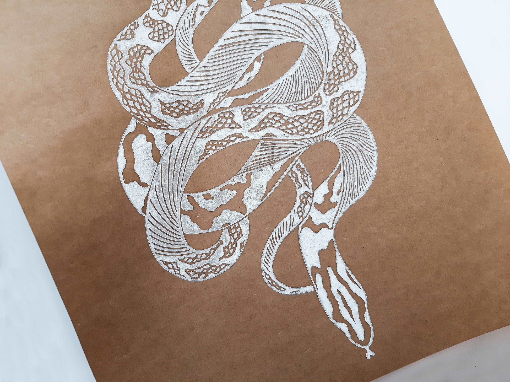 Boho white antique snake Linocut print for New home gift UNFRAMED Housewarming gift New home gift Living room bedroom decor 16x12 Original artwork Classical wall decor