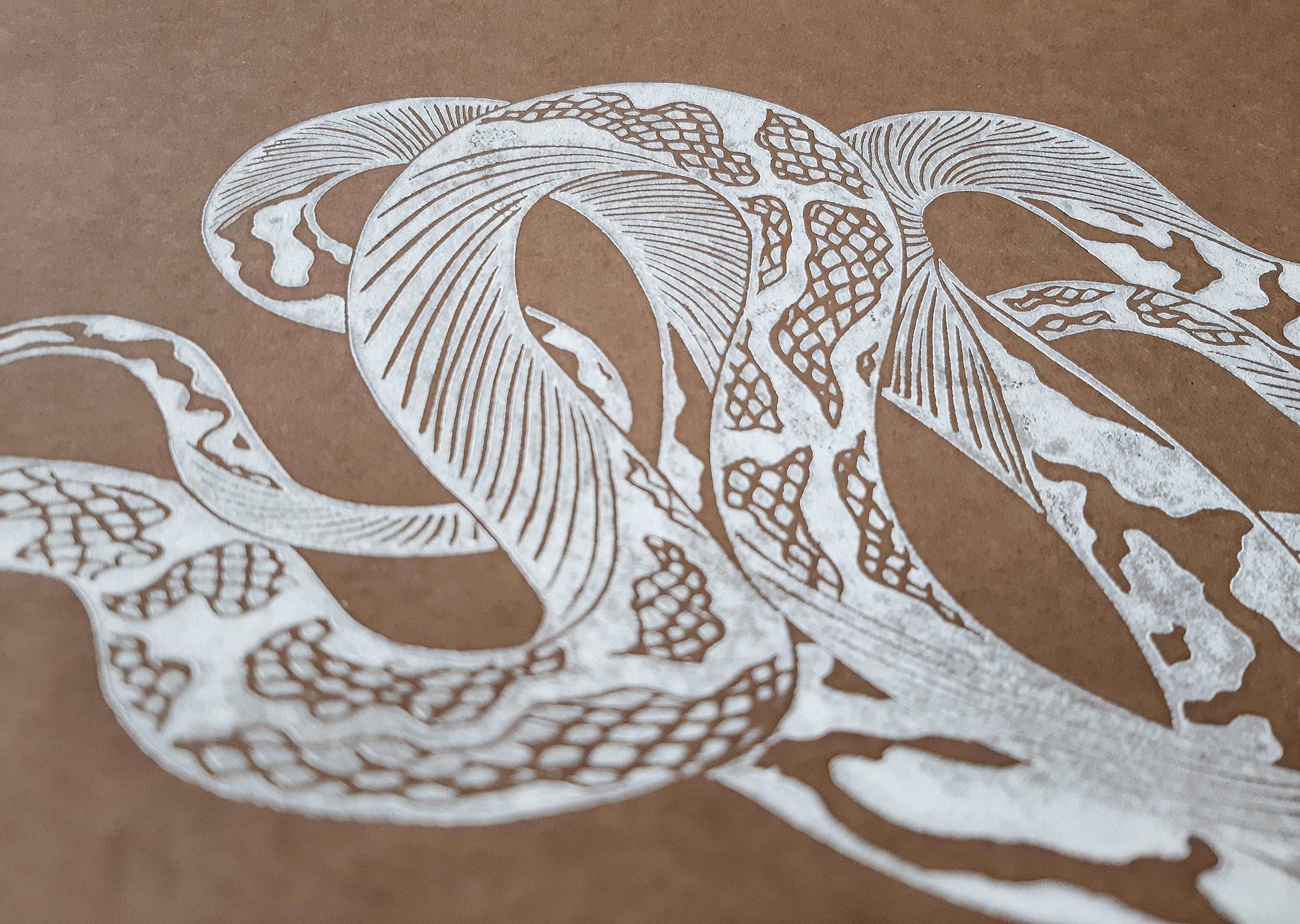 White relief boho snake linocut print / lino print / linogravure