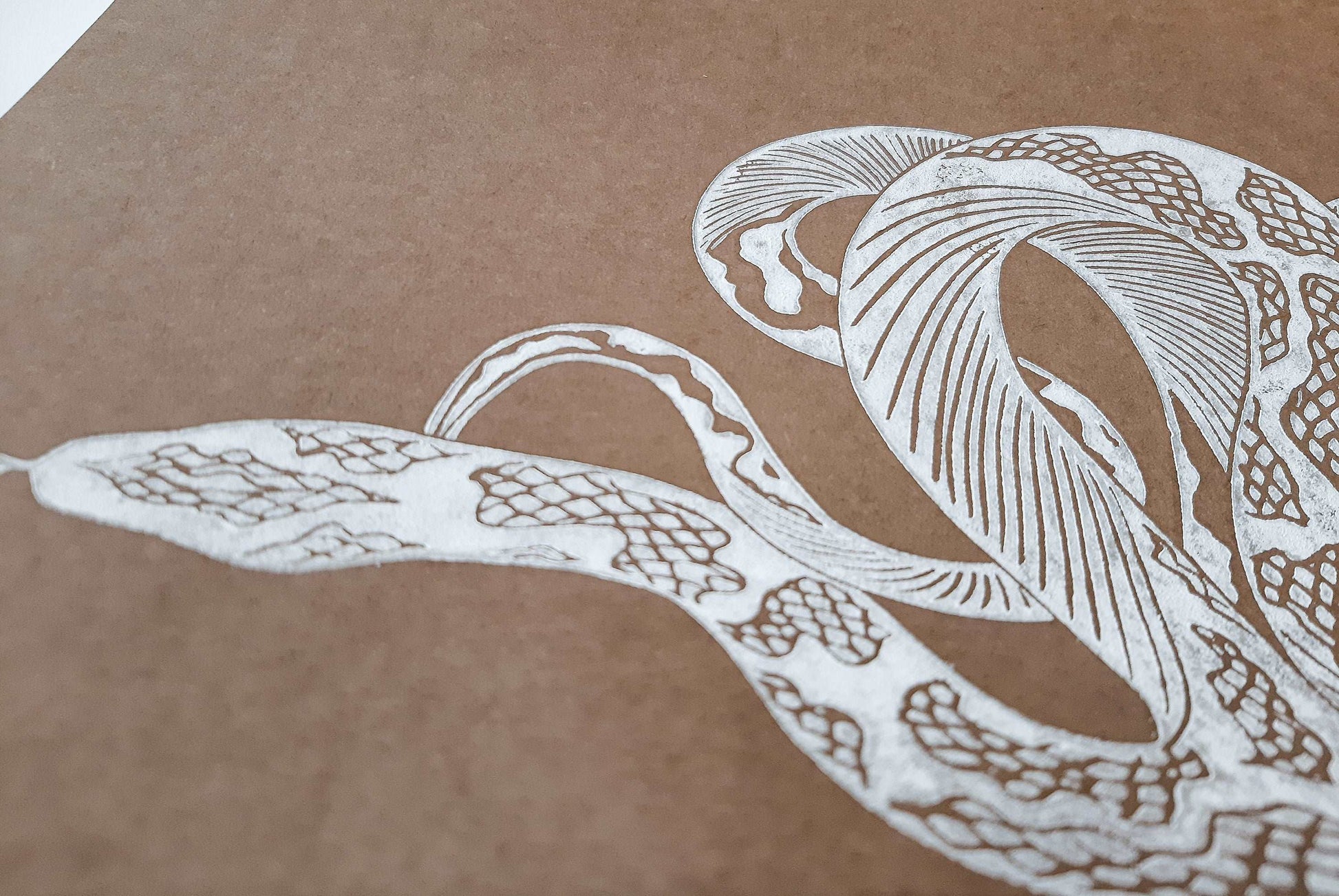 White relief boho snake linocut print / lino print / linogravure