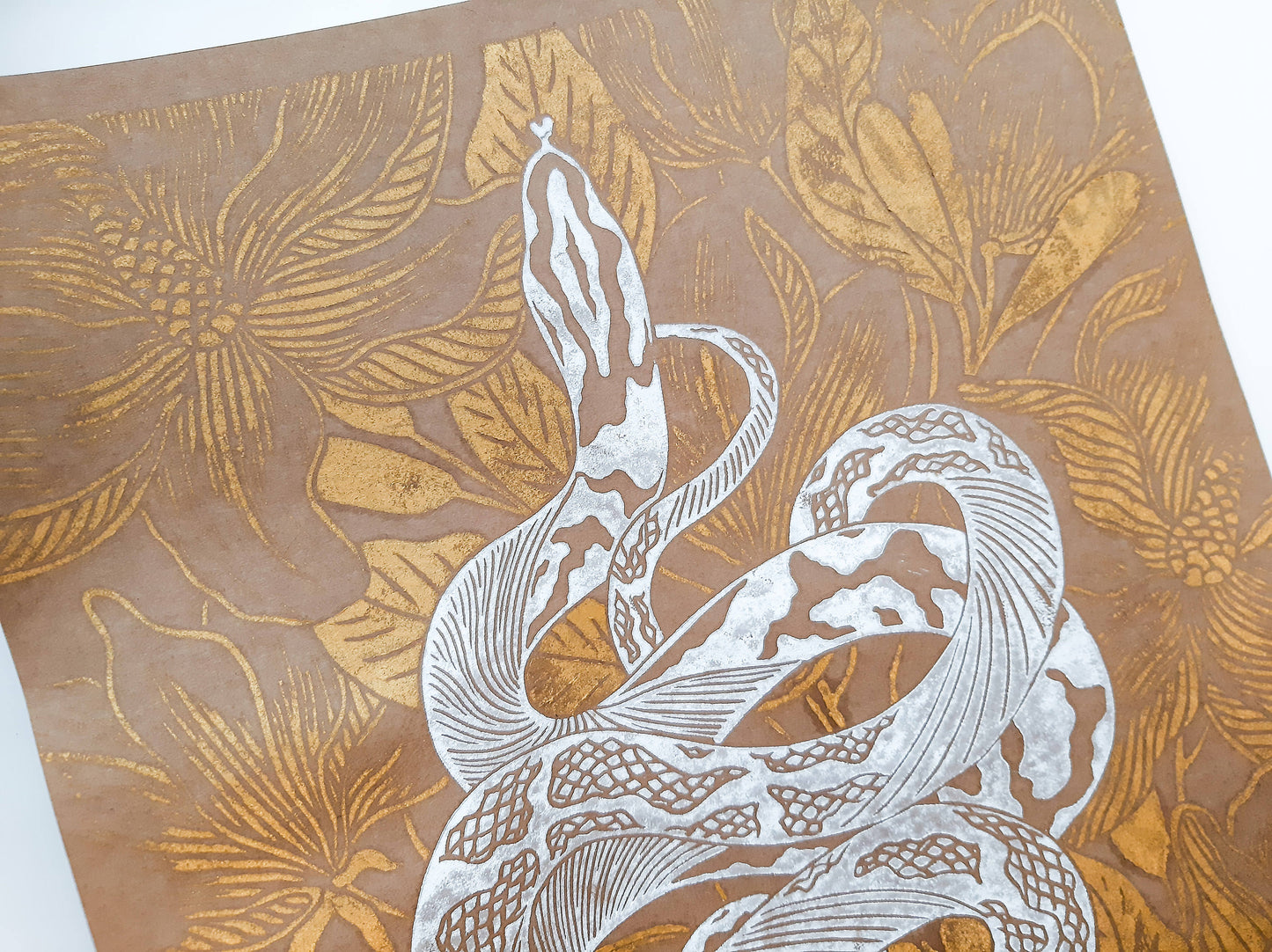 Craft, white and gold floral snake magnolia flowers Linocut print for Nature lover gift UNFRAMED Housewarming gift New home gift Living room or bedroom decor 16x12 Reptile Original artwork Classical wall decor