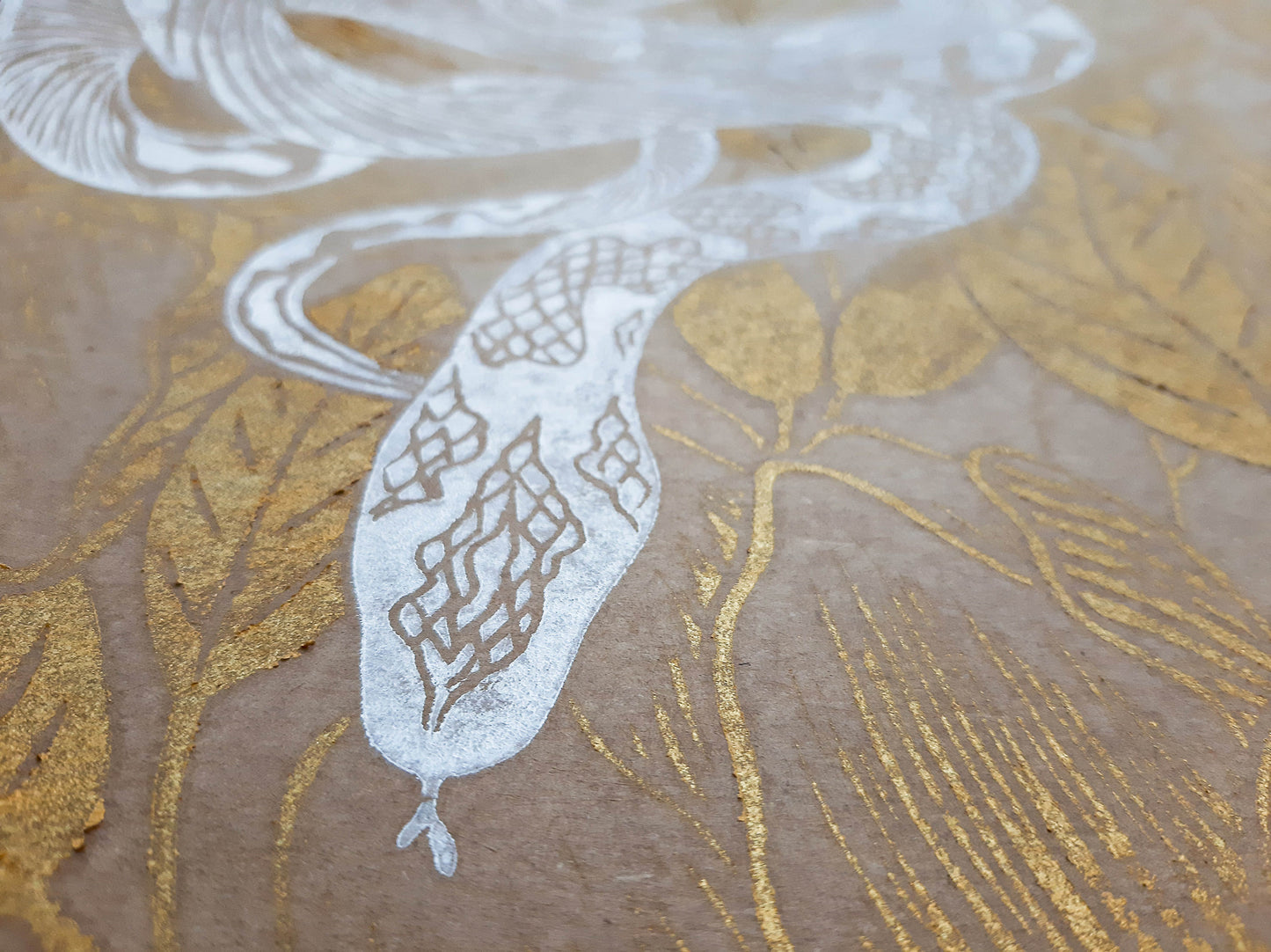 Details Craft, white and gold floral snake magnolia flowers Linocut print / printmaking / lino print / relief print / linogravure
