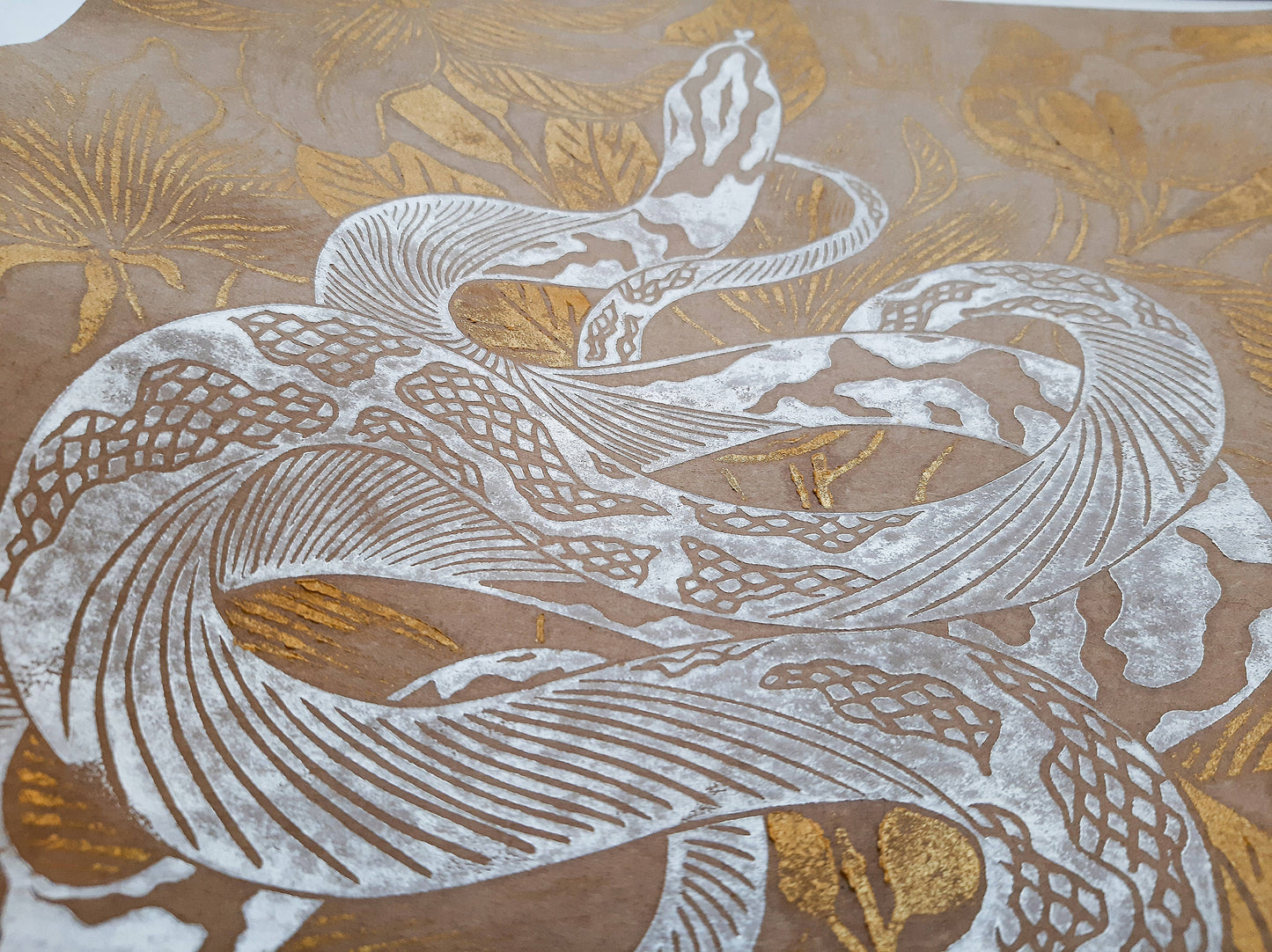 Details Craft, white and gold floral snake magnolia flowers Linocut print / printmaking / lino print / relief print / linogravure