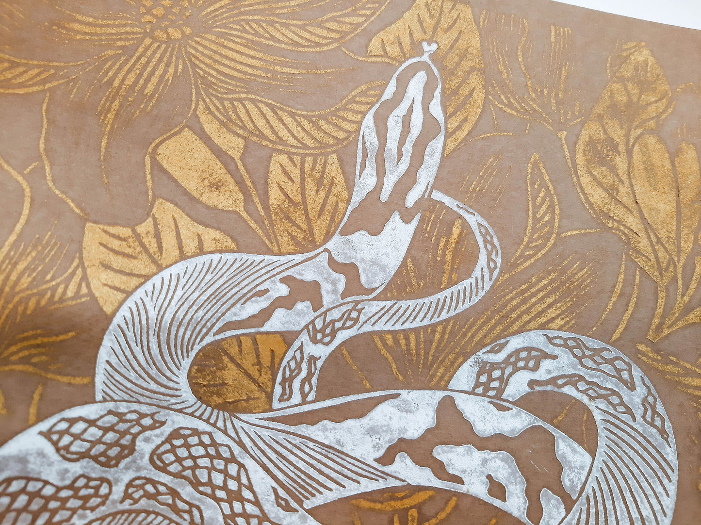 Details Craft, white and gold floral snake magnolia flowers Linocut print / printmaking / lino print / relief print / linogravure