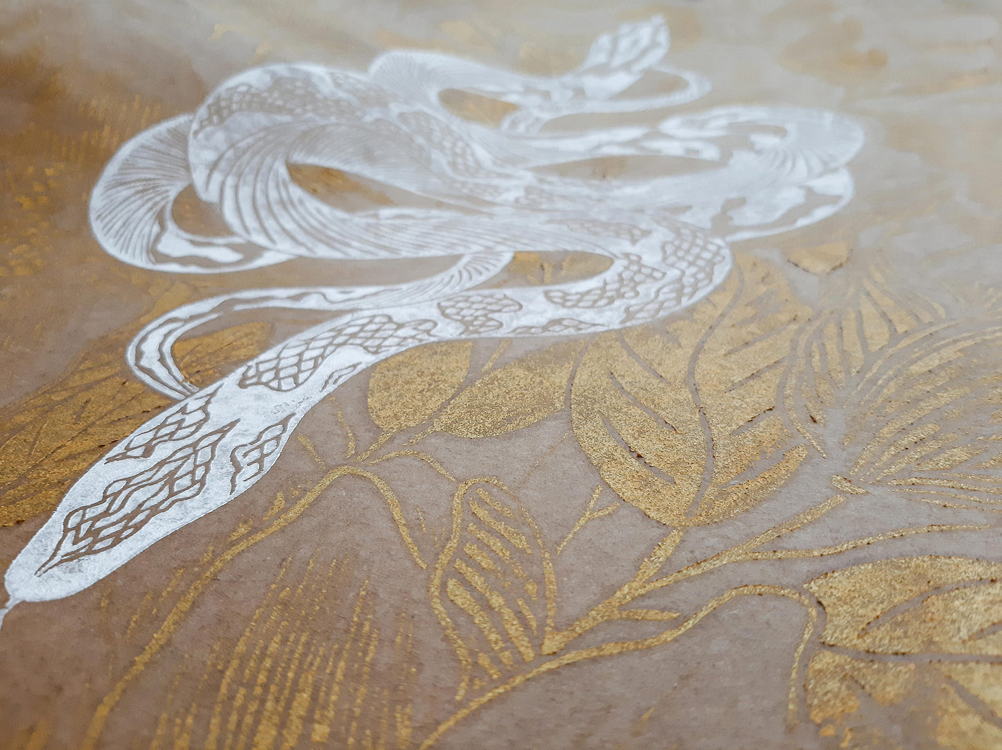 Details Craft, white and gold floral snake magnolia flowers Linocut print / printmaking / lino print / relief print / linogravure