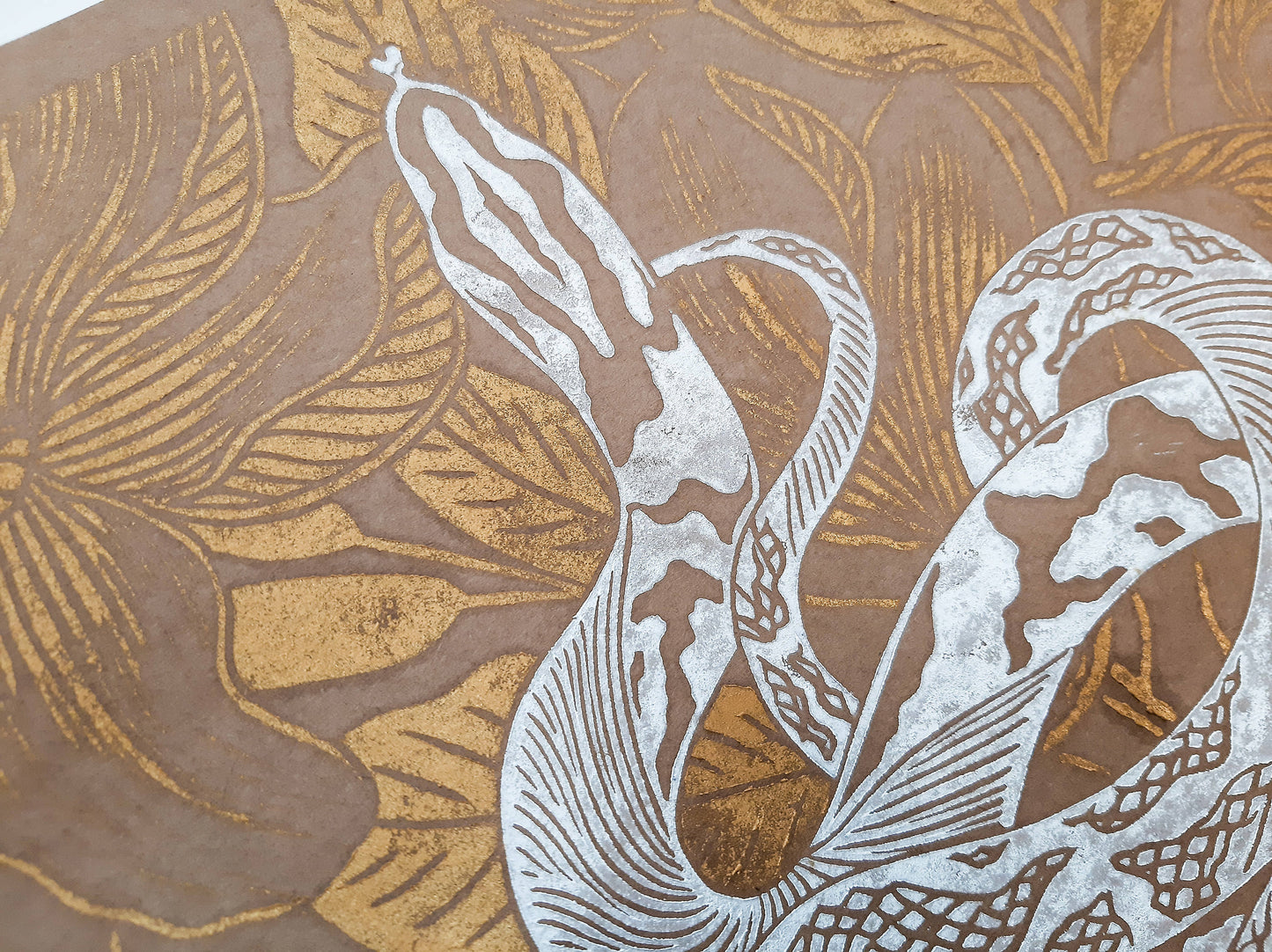 Details Craft, white and gold floral snake magnolia flowers Linocut print / printmaking / lino print / relief print / linogravure