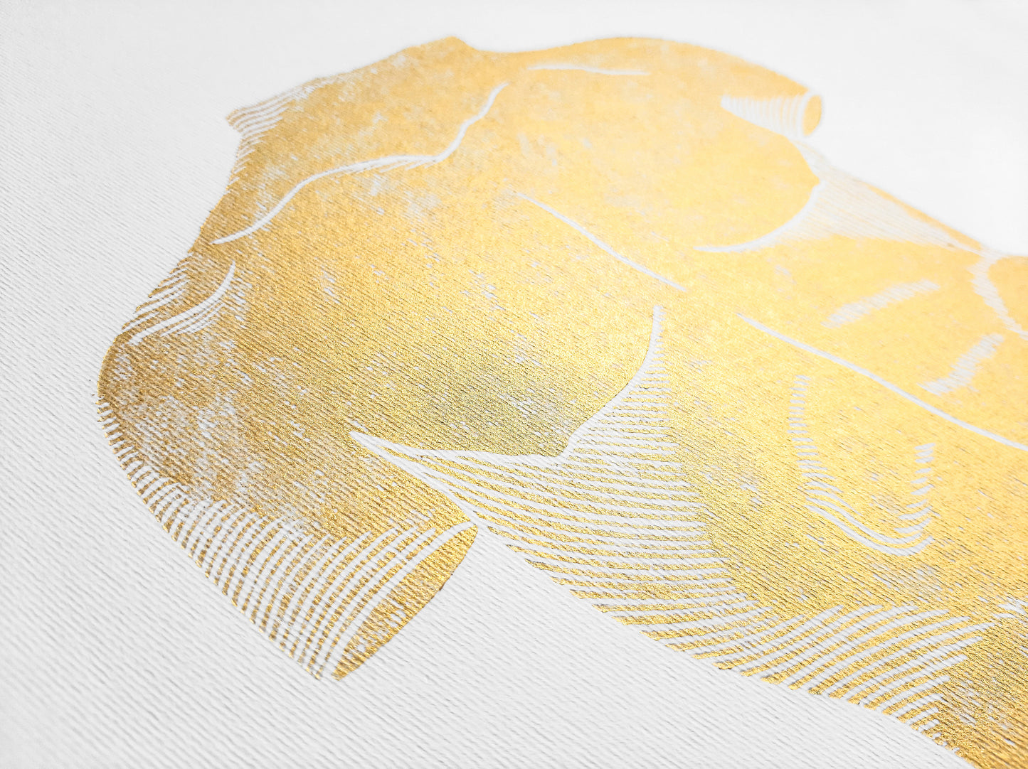 Gold relief bust nude man Linocut print / printmaking / lino print / linogravure