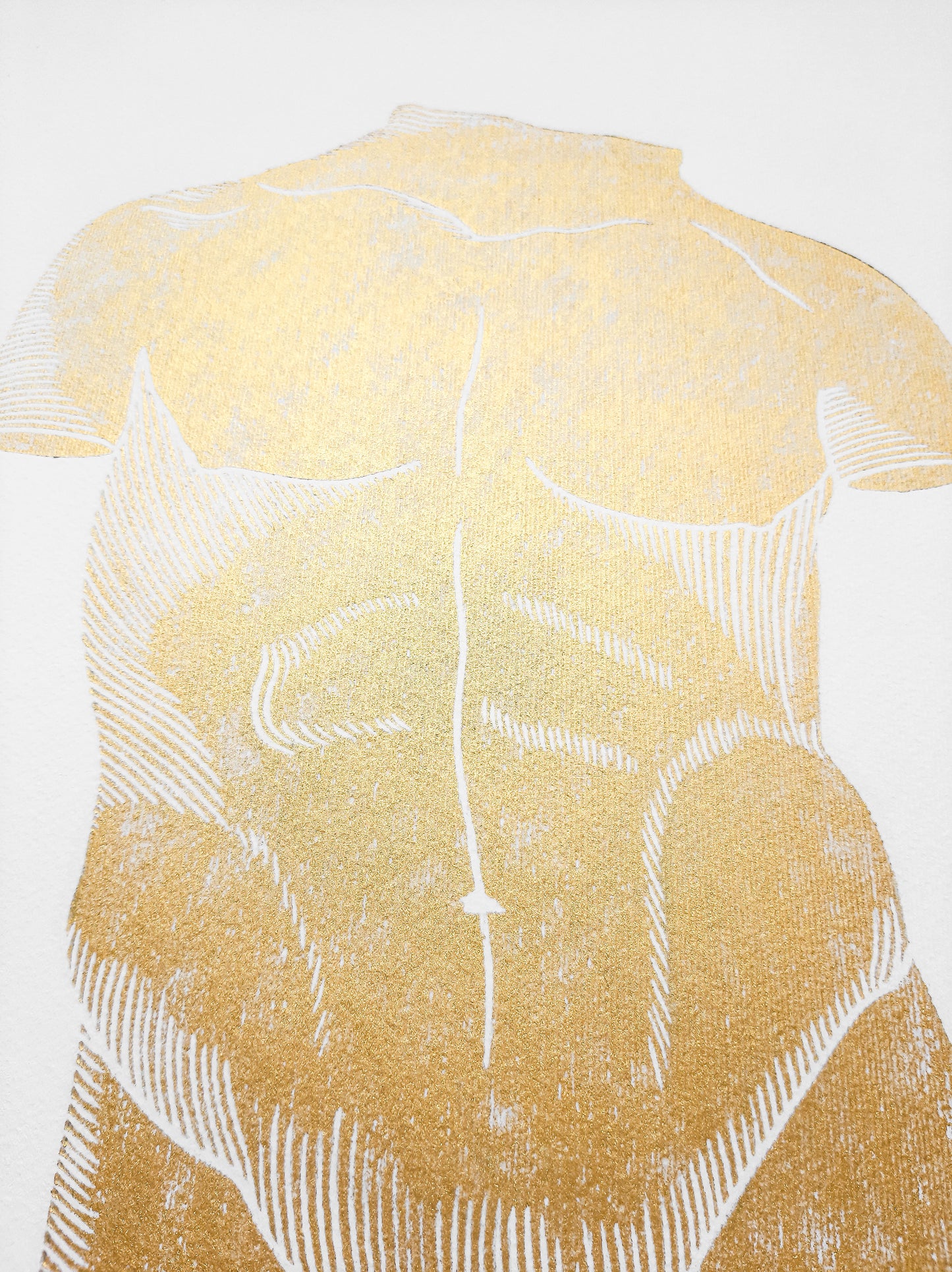 Gold relief bust nude man Linocut print / printmaking / lino print / linogravure